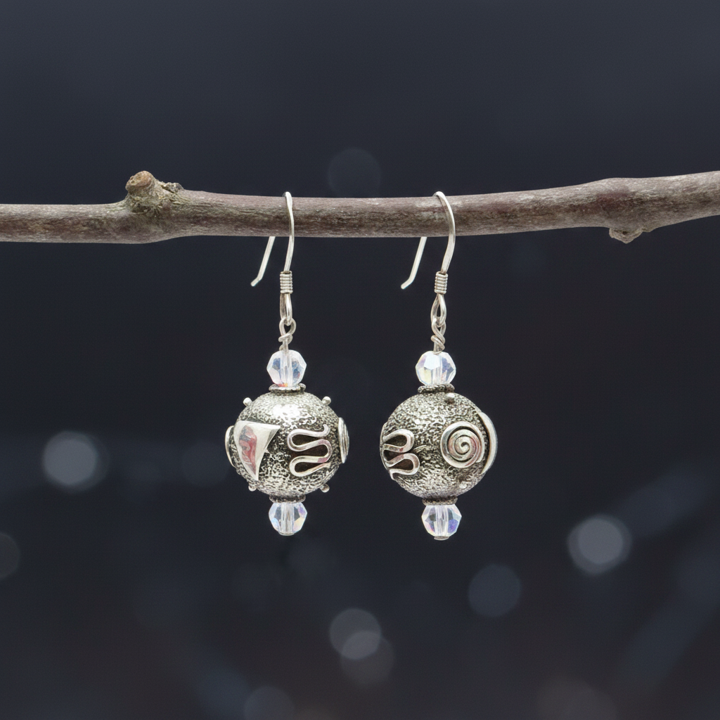 Sterling Silver Bali Bead Earrings with Swarovski Crystals –  Fun Funky Design
