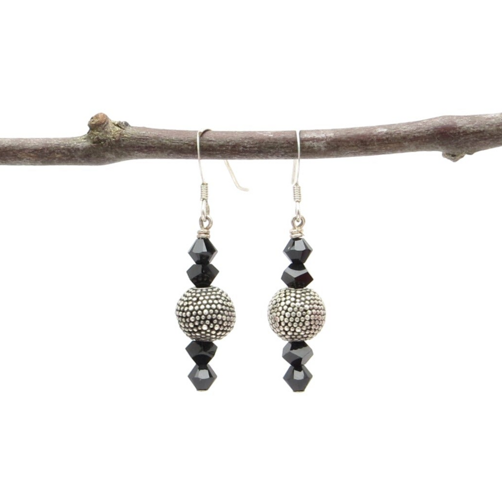 Sterling Silver Bali Bead Earrings with Jet Swarovski Crystals