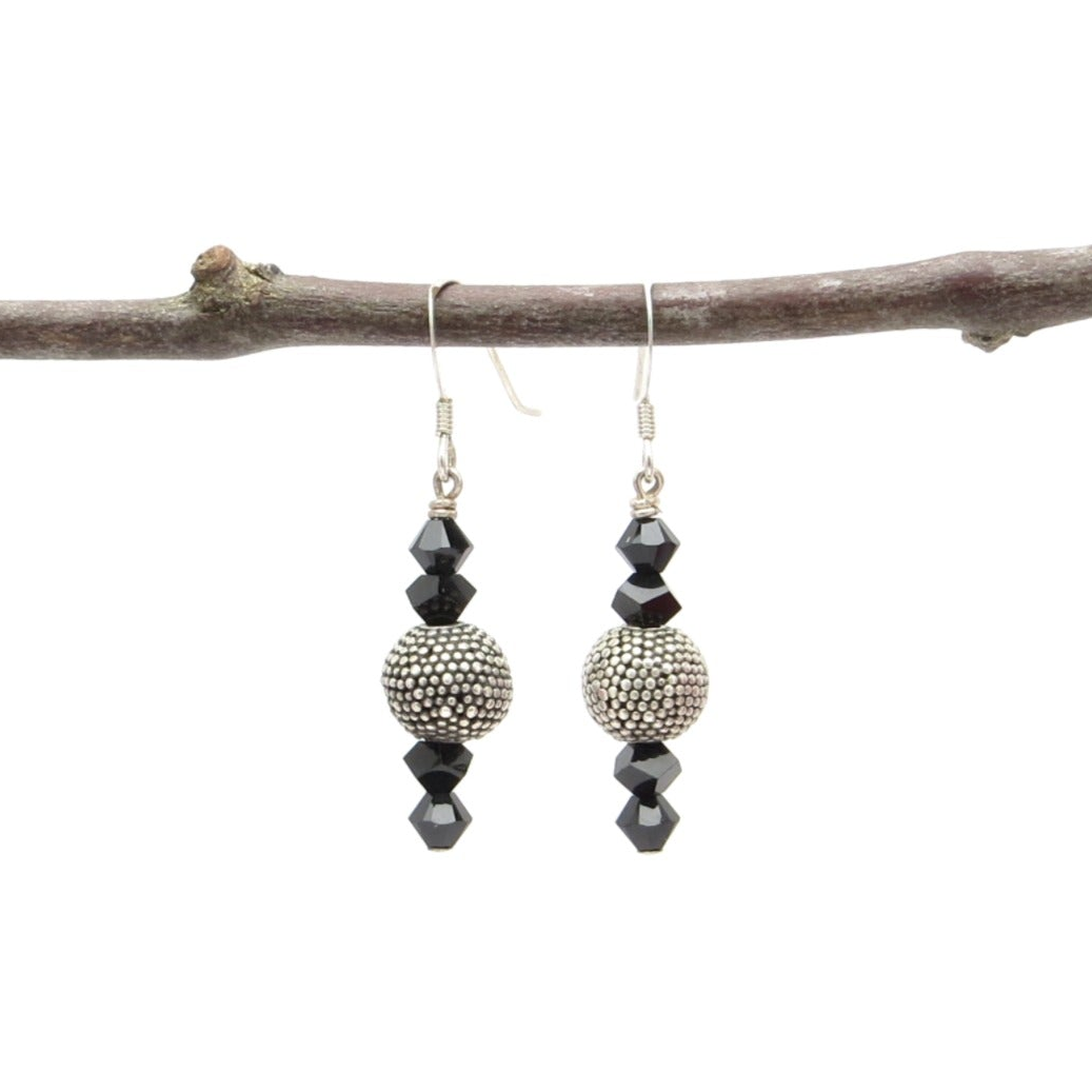 Sterling Silver Bali Bead Earrings with Jet Swarovski Crystals