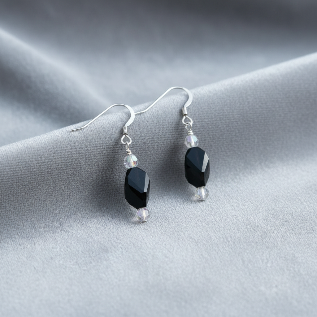 Jet Black Swarovski Drop Earrings with AB Crystals & Sterling Silver
