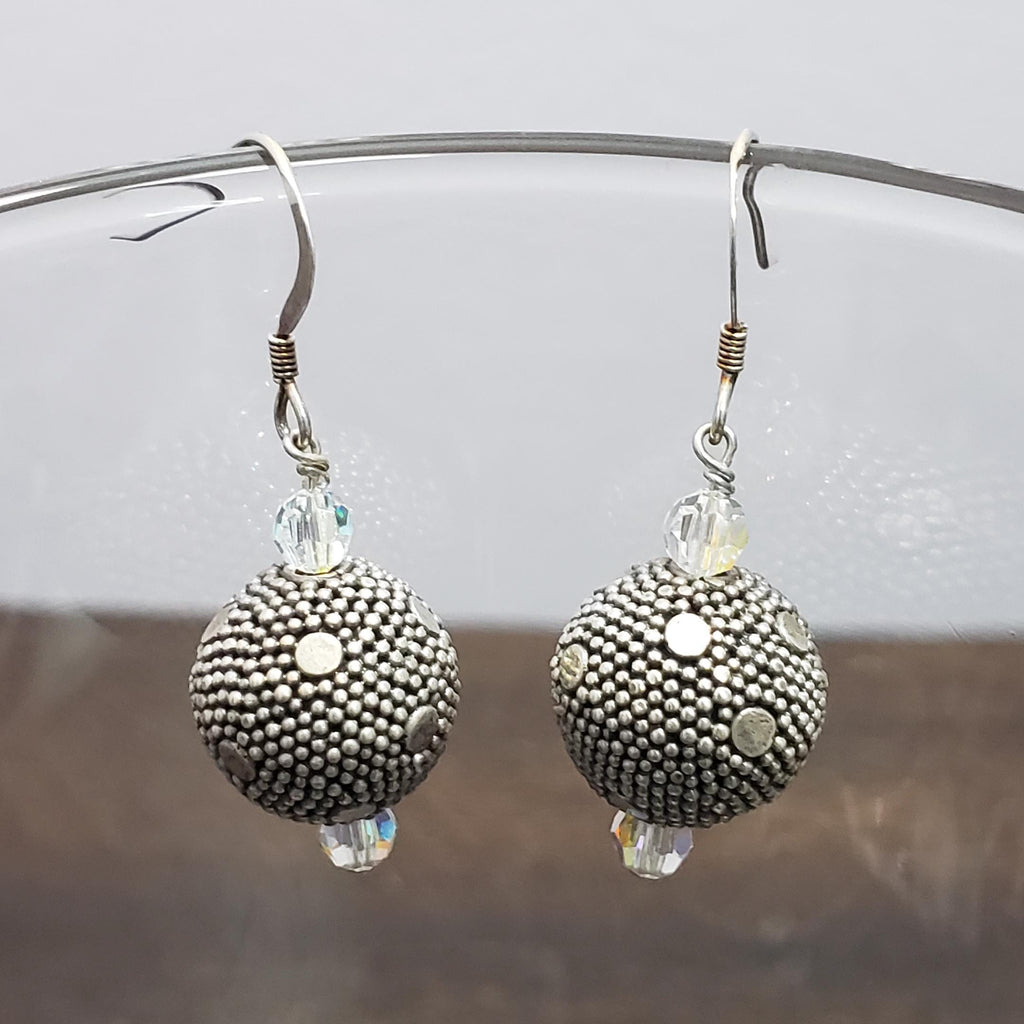 Sterling Silver Bali Bead and Swarovski Crystal Earrings.