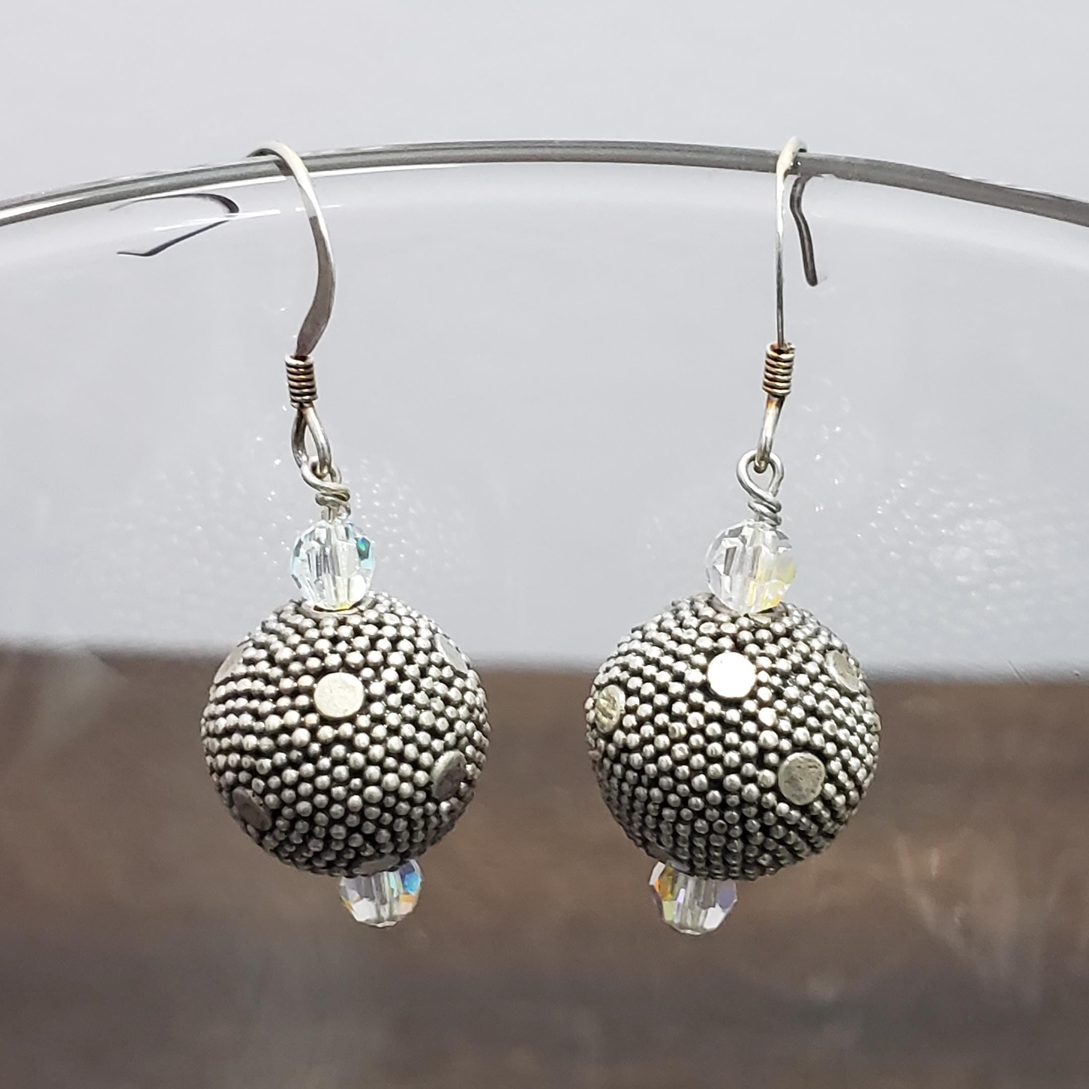 Sterling Silver Bali Bead and Swarovski Crystal Earrings.