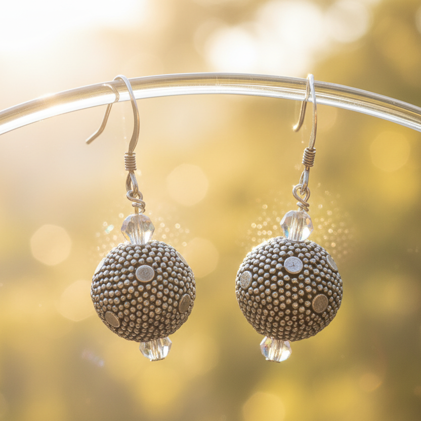 Sterling Silver Bali Bead Earrings with Crystal AB Swarovski Crystals