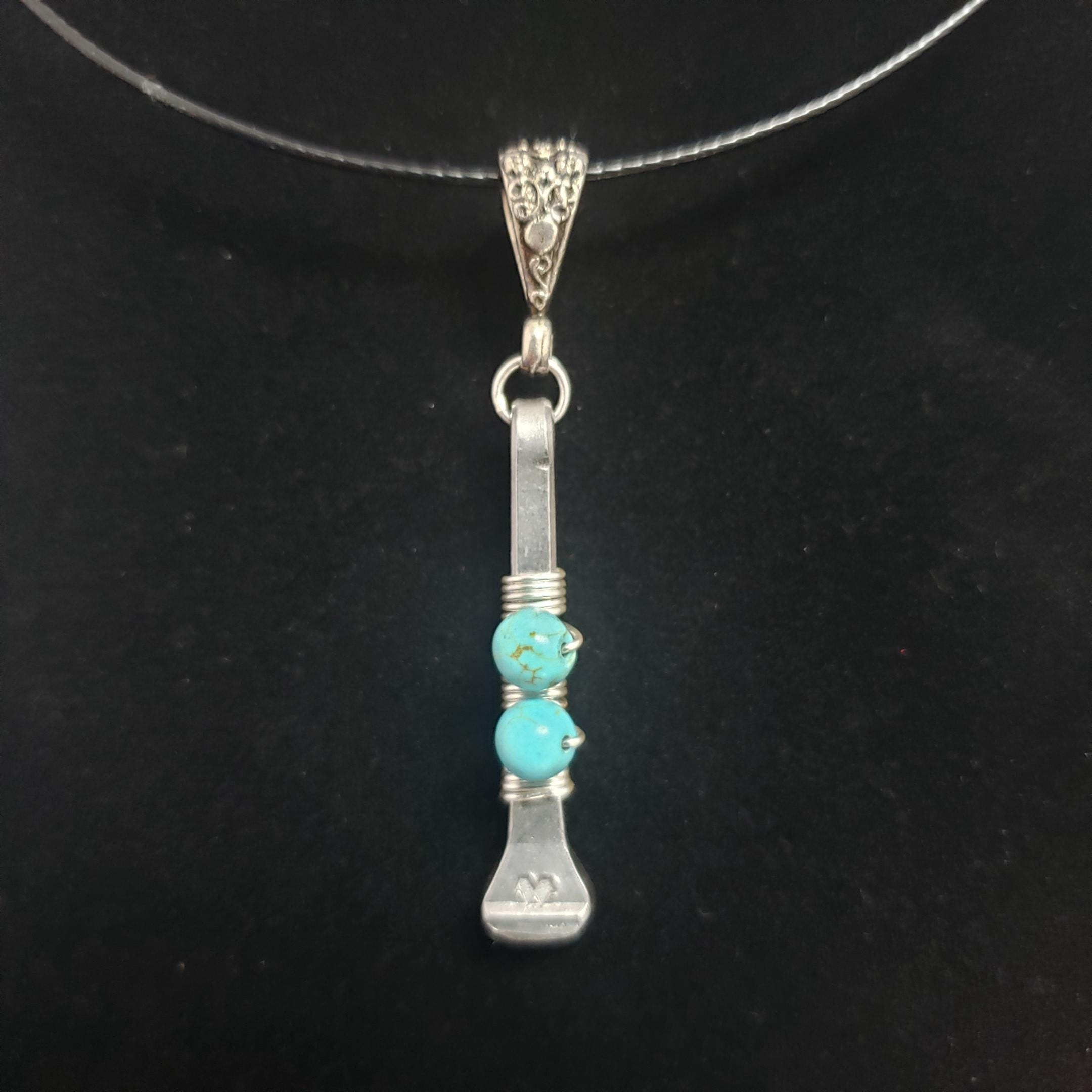 Horseshoe nail pendant - wire wrapped with turquoise beads