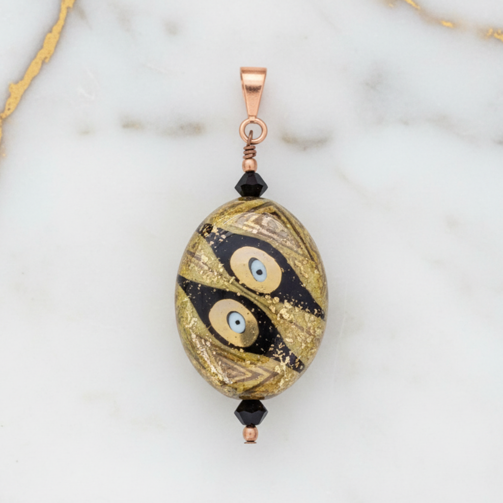 Hand-painted porcelain pendant w/ Swarovski crystals, copper bail, and copper beads.