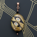 Hand-painted porcelain pendant w/ Swarovski crystals, copper bail, and copper beads.