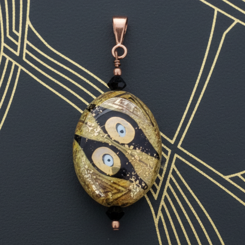 Hand-painted porcelain pendant w/ Swarovski crystals, copper bail, and copper beads.