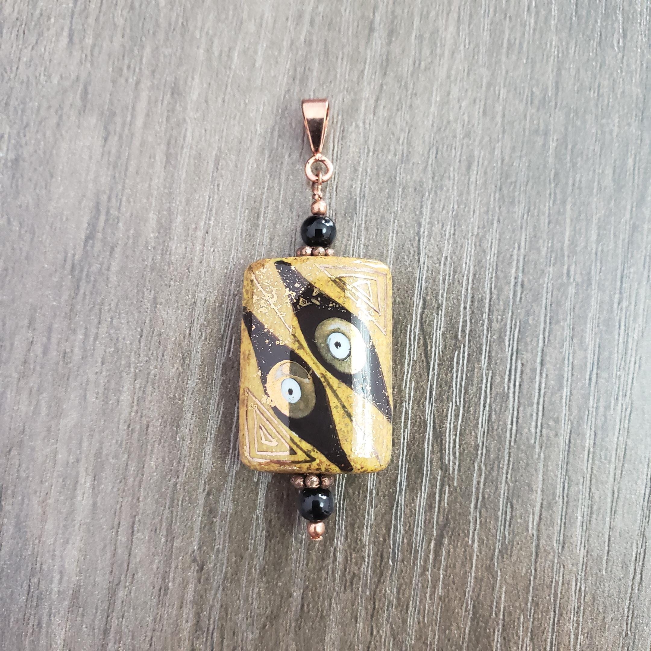 Hand-Painted Porcelain Pendant, Copper & Glass Beads