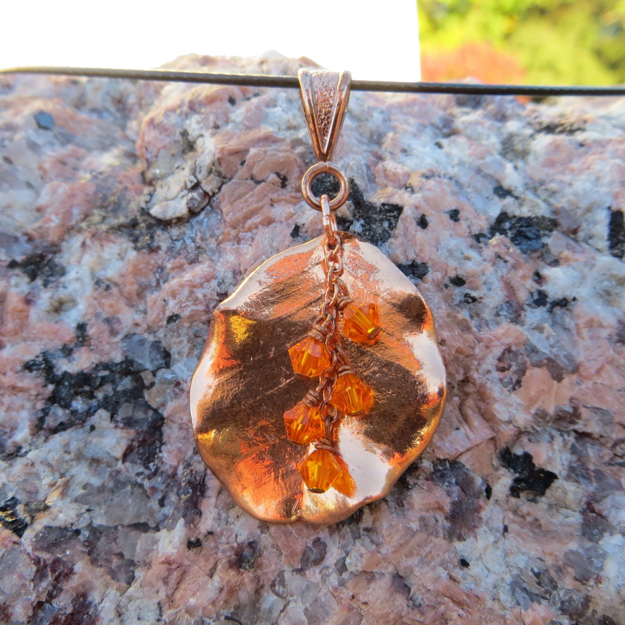 Handcrafted Copper Leaf Pendant, Swarovski Crystals