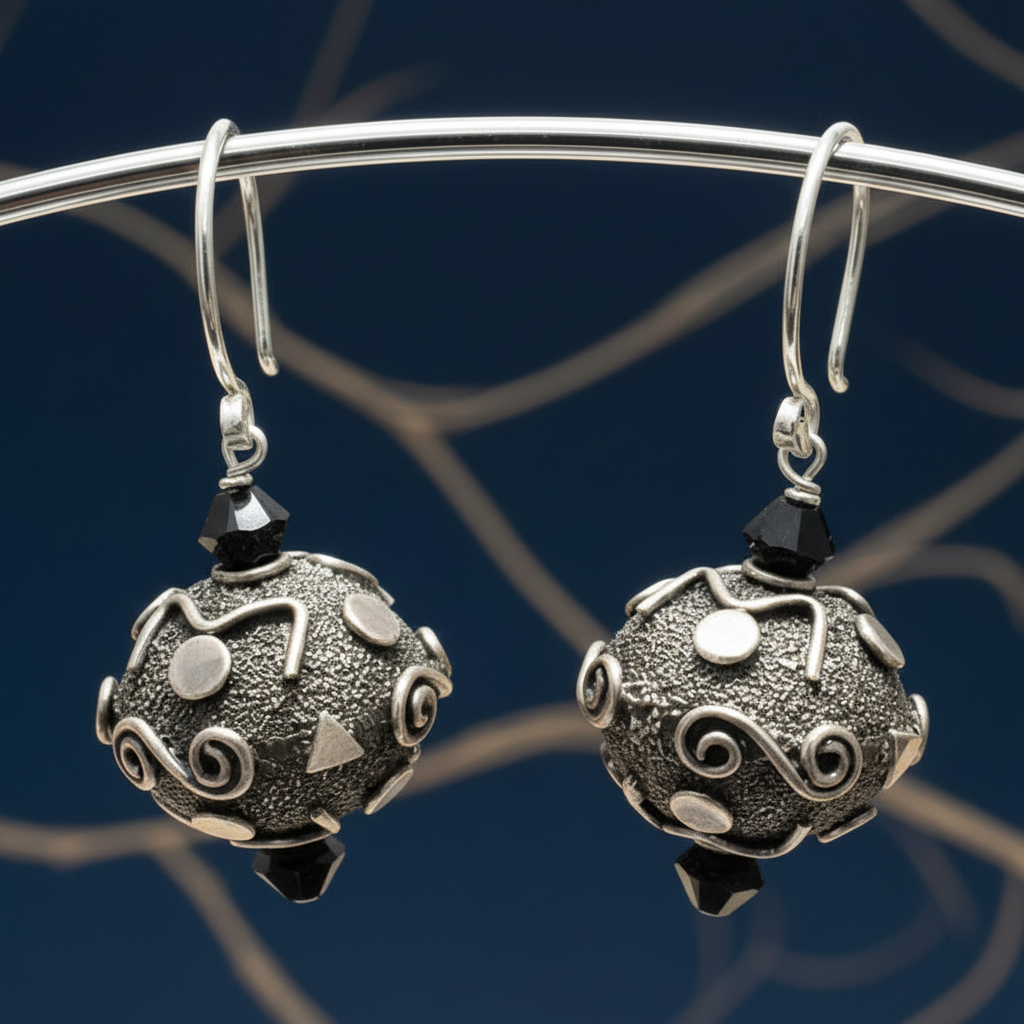 Sterling Silver Bali Bead Earrings with Swarovski Crystals