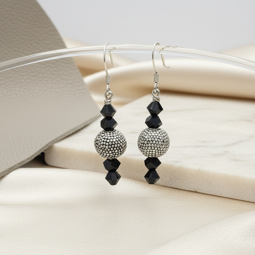 Sterling Silver Bali Bead Earrings with Jet Swarovski Crystals