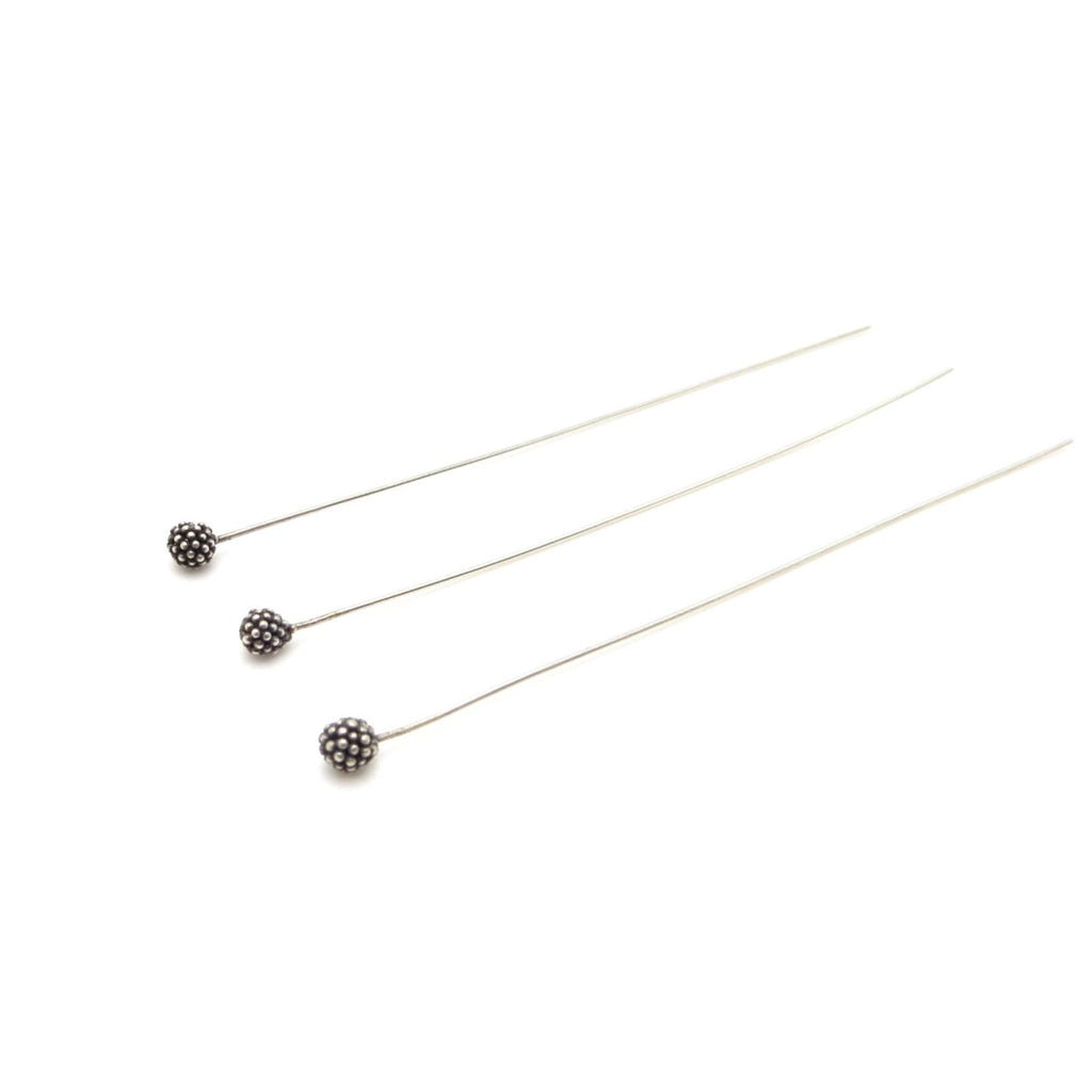 Bali Sterling Silver Headpins - 3mm Granulated Ball Head - 2.5 inch (65mm) Length - 6 Pieces