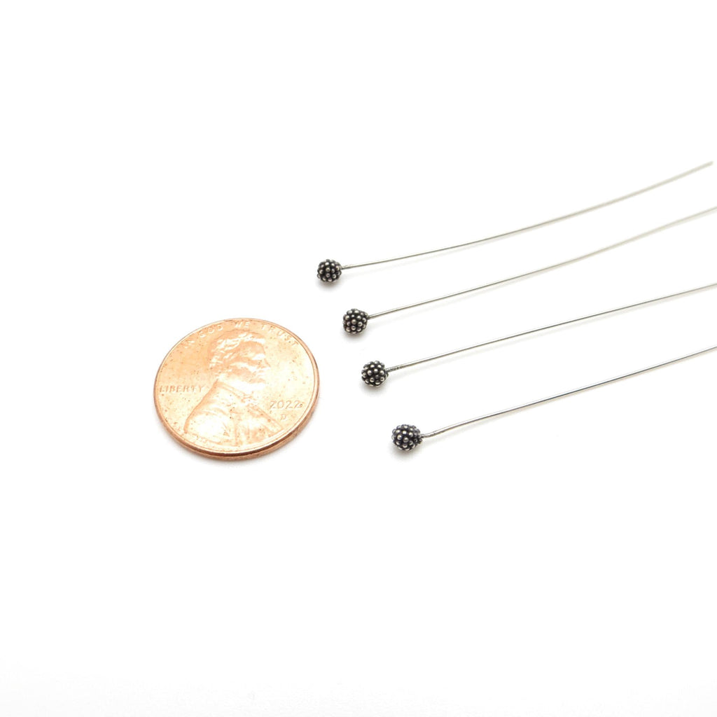 Bali Sterling Silver Headpins - 3mm Granulated Ball Head - 2.5 inch (65mm) Length - 6 Pieces