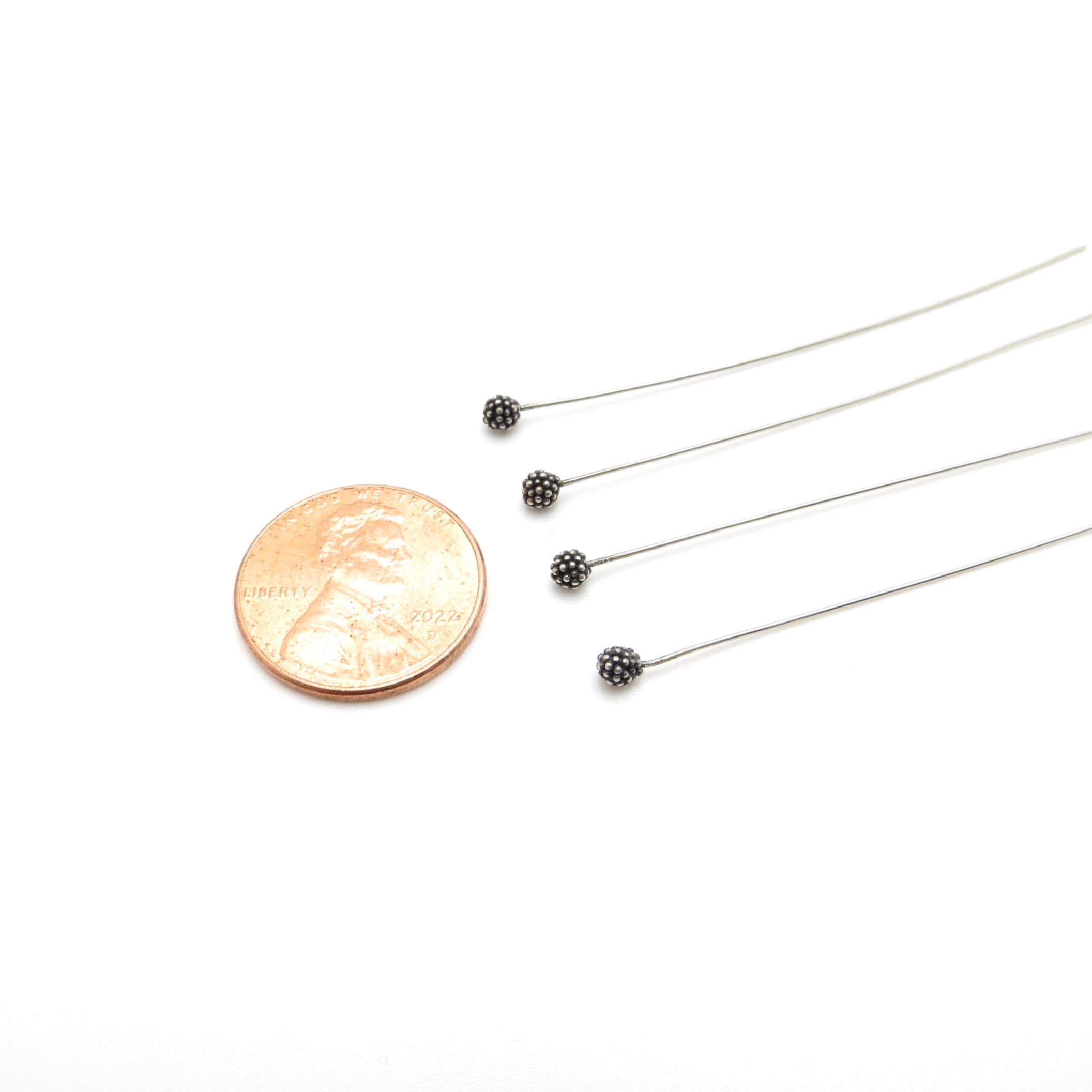 Bali Sterling Silver Headpins - 3mm Granulated Ball Head - 2.5 inch (65mm) Length - 6 Pieces