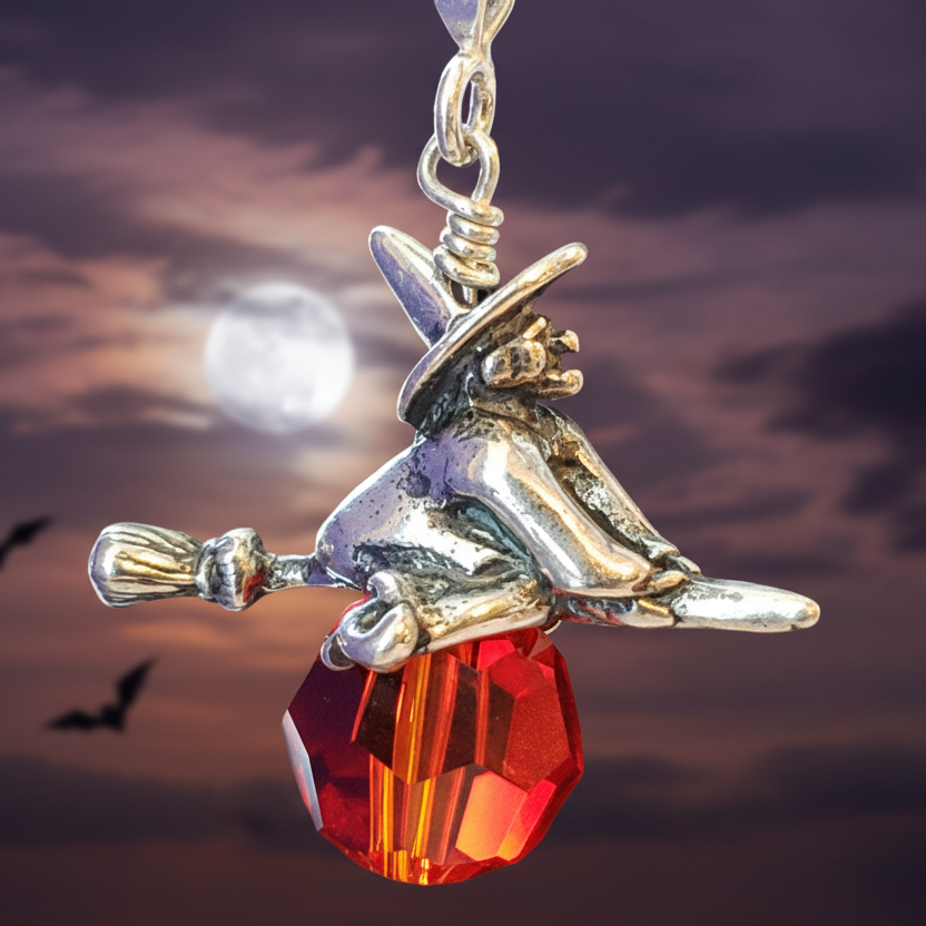 Sterling Silver Witch Pendant with Orange Swarovski Crystal