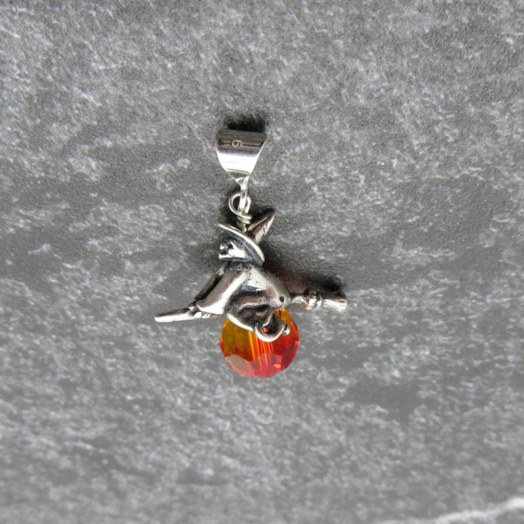 Witch on Broom Pendant, Sterling Silver and Swarovski Crystal