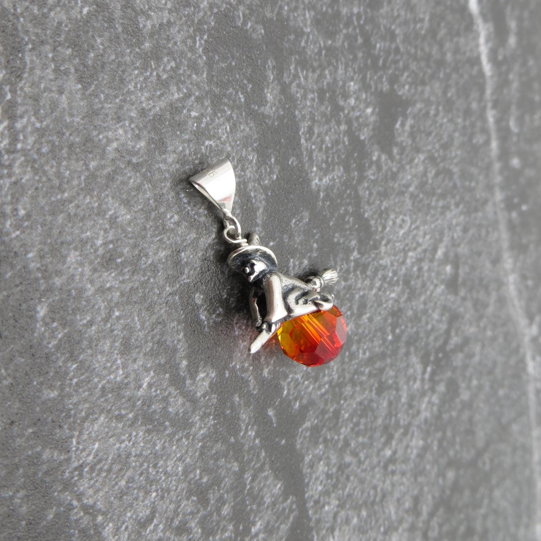 Witch on Broom Pendant, Sterling Silver and Swarovski Crystal