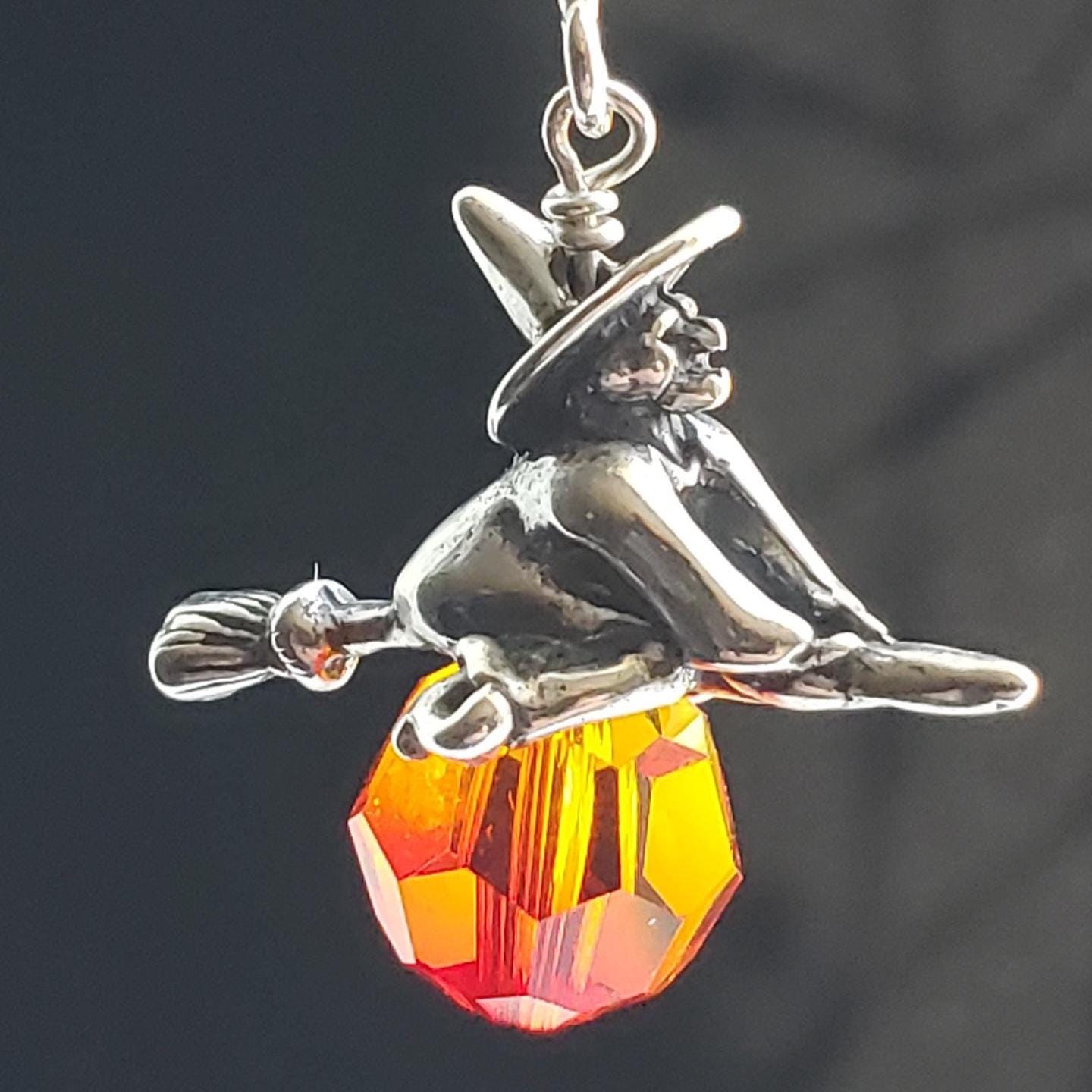 Witch on Broom Pendant, Sterling Silver and Swarovski Crystal