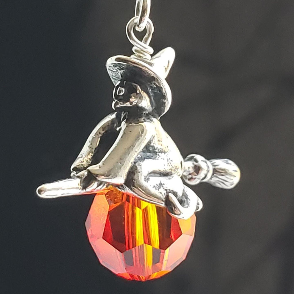 Witch on Broom Pendant, Sterling Silver and Swarovski Crystal