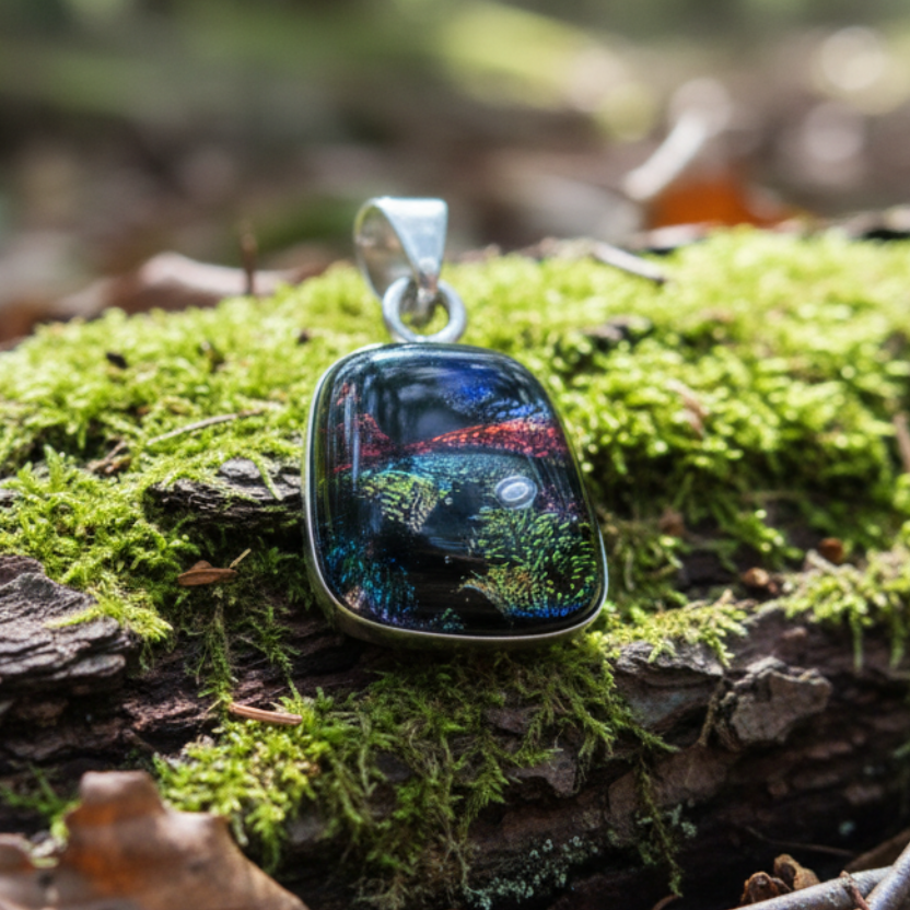 Dichroic Fused Glass Pendant Set in Sterling Silver