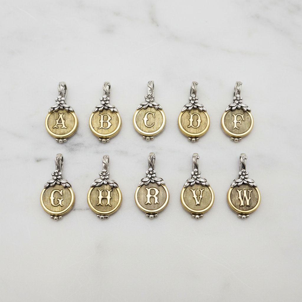Gold Monogram Pendant with Floral Silver Setting