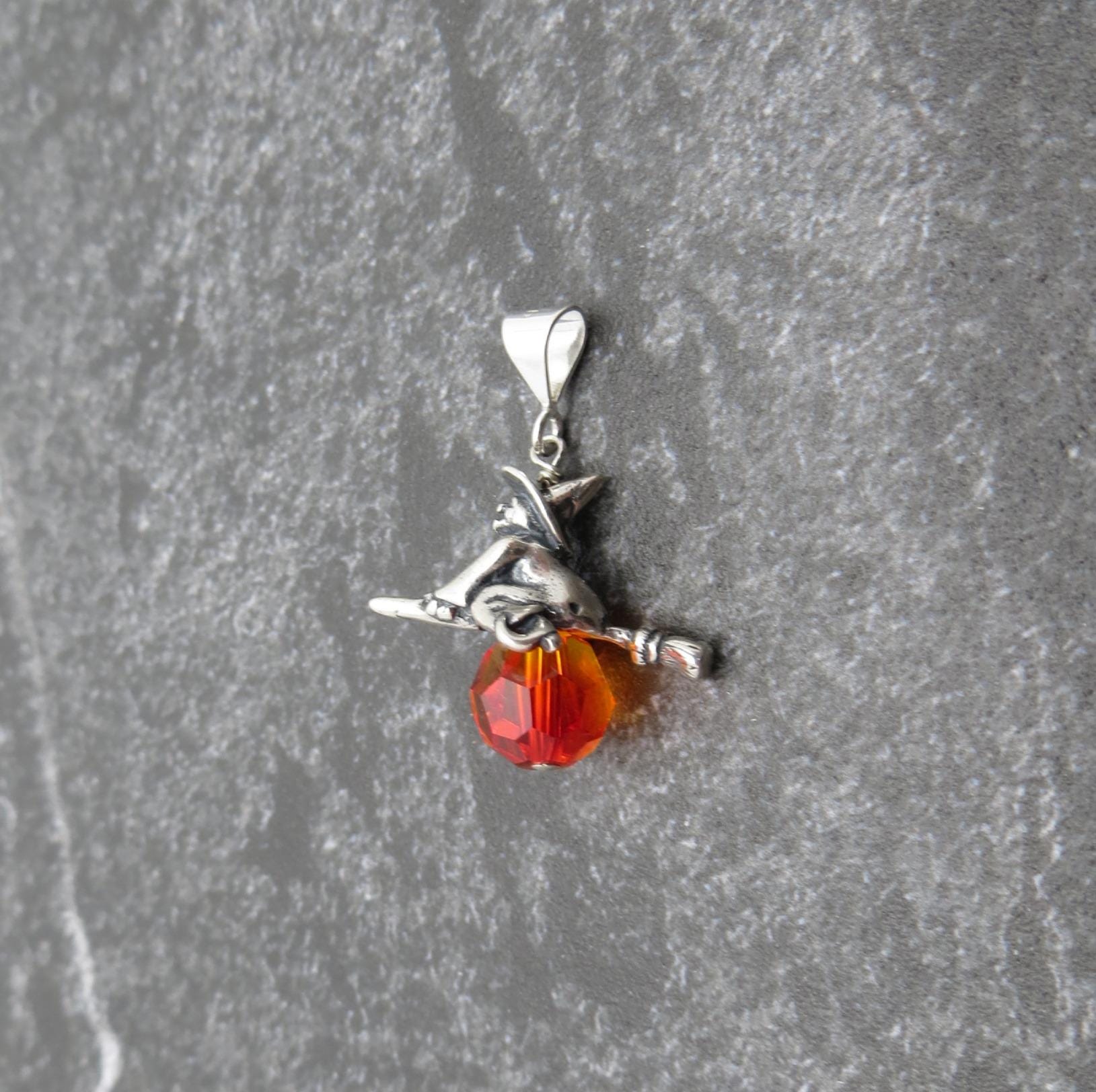 Witch on Broom Pendant, Sterling Silver and Swarovski Crystal