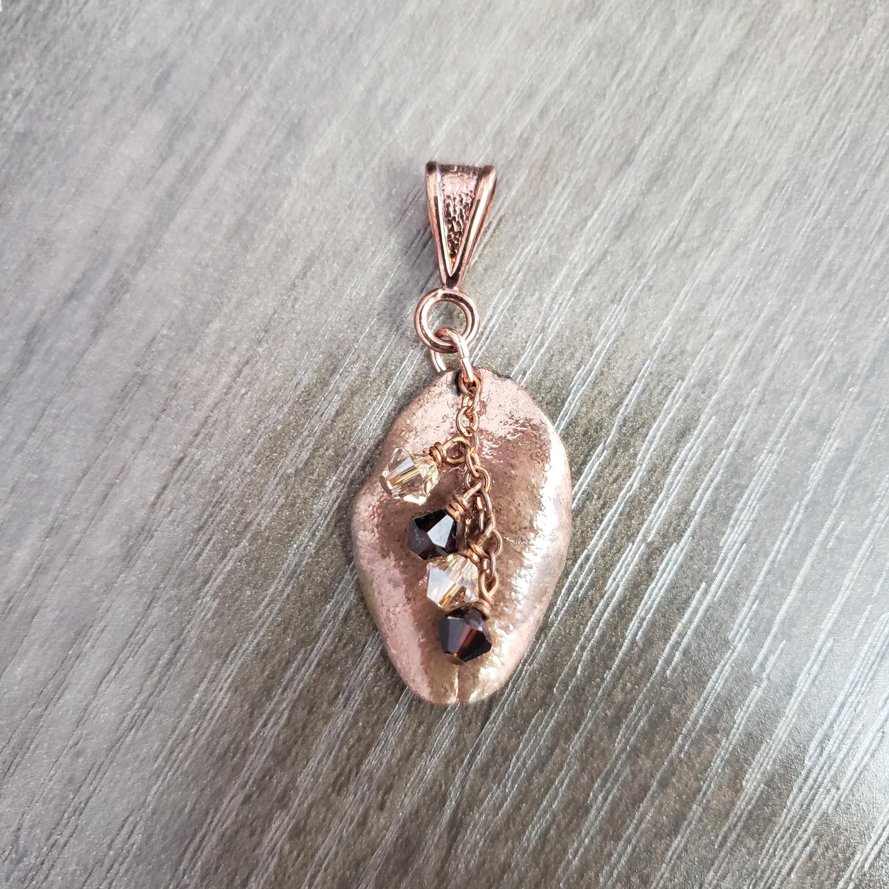 Handcrafted Copper Leaf Pendant, Swarovski Crystals