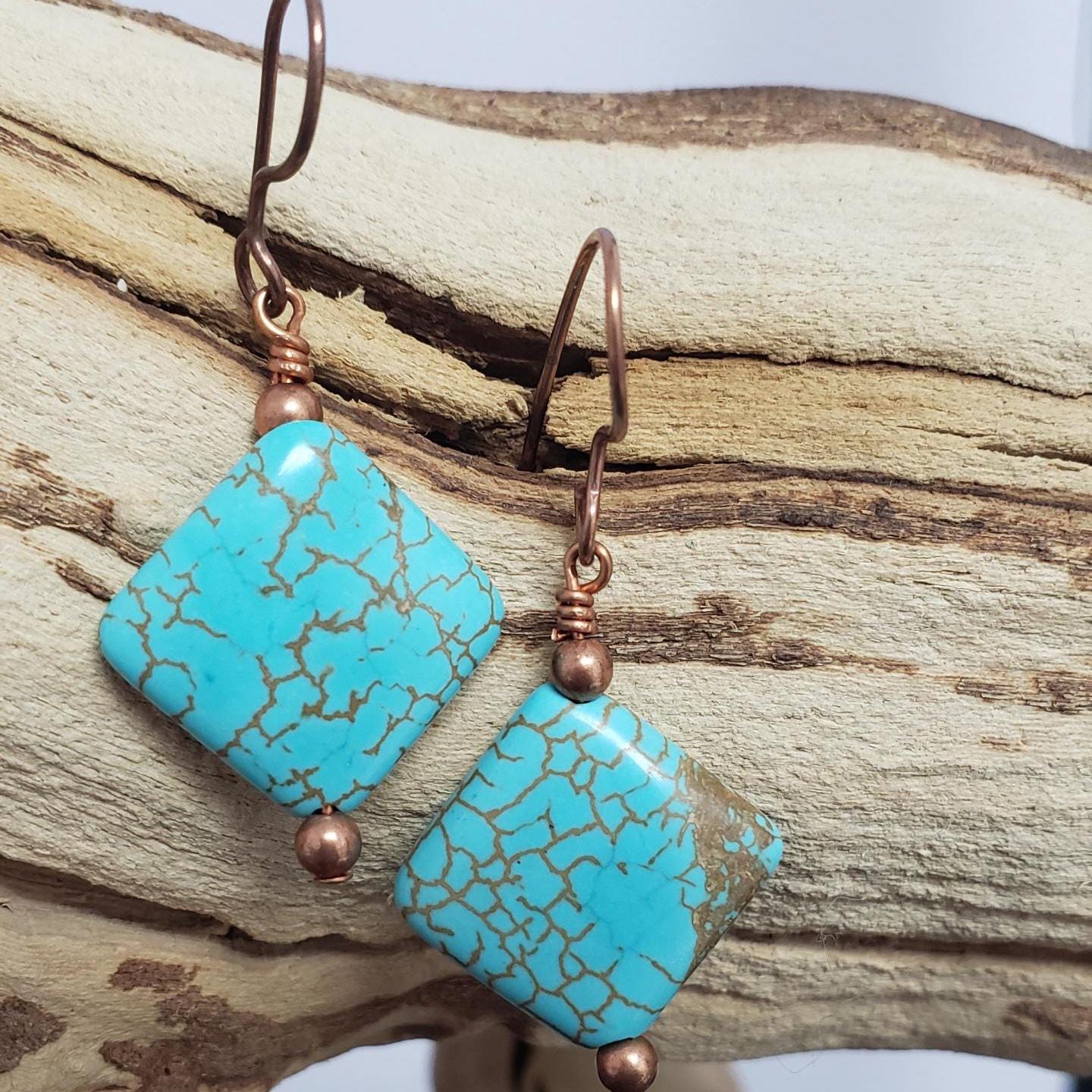 Handmade turquoise and copper earrings.