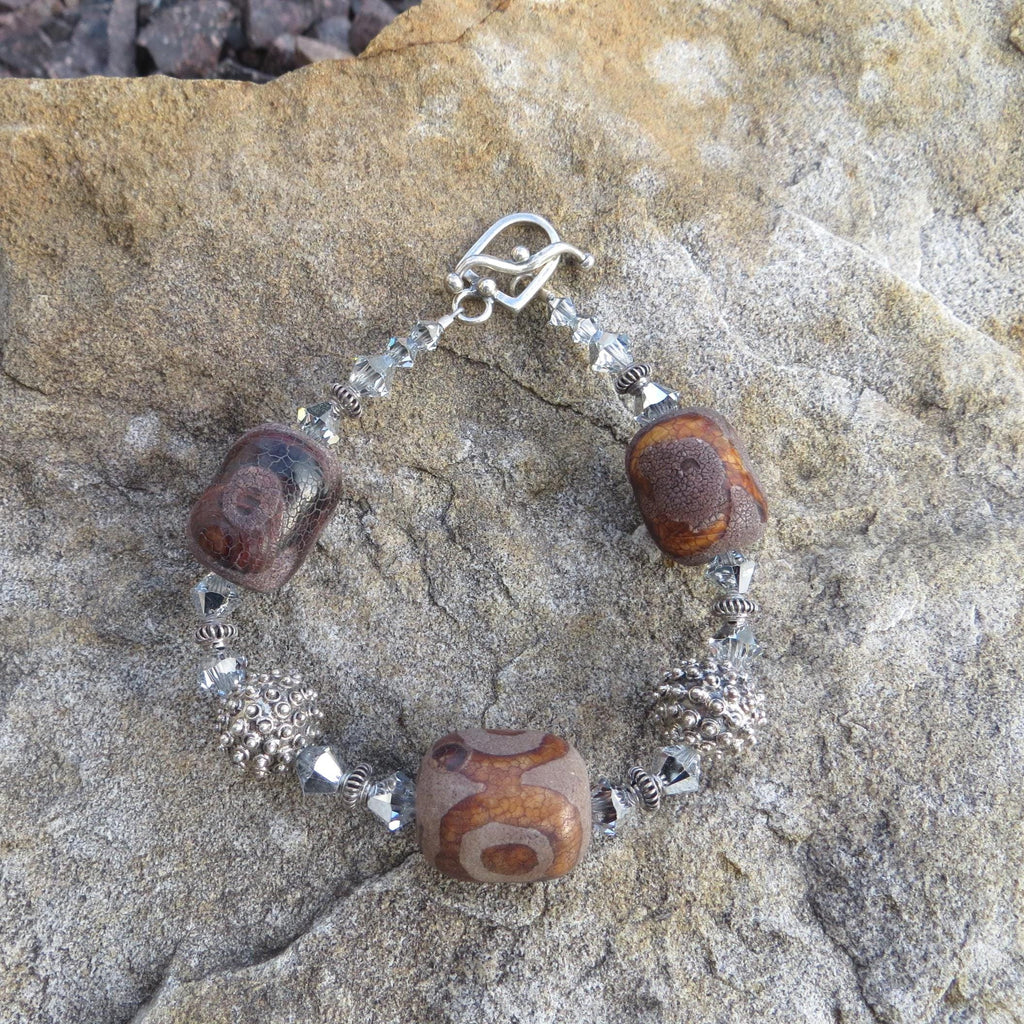 Tibetan agate and Bali silver bracelet, with Swarovski crystal and sterling toggle.
