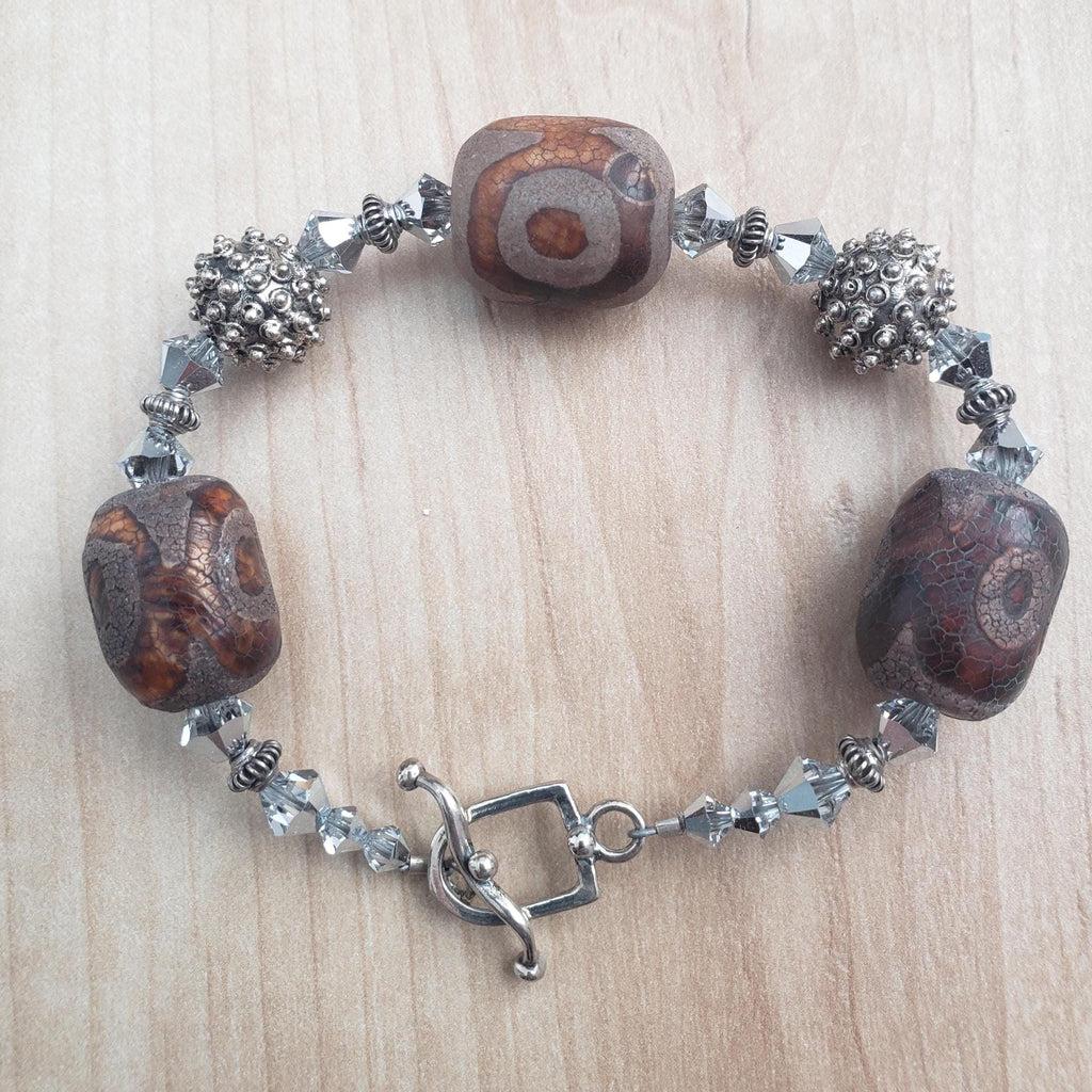 Tibetan agate and Bali silver bracelet, with Swarovski crystal and sterling toggle.