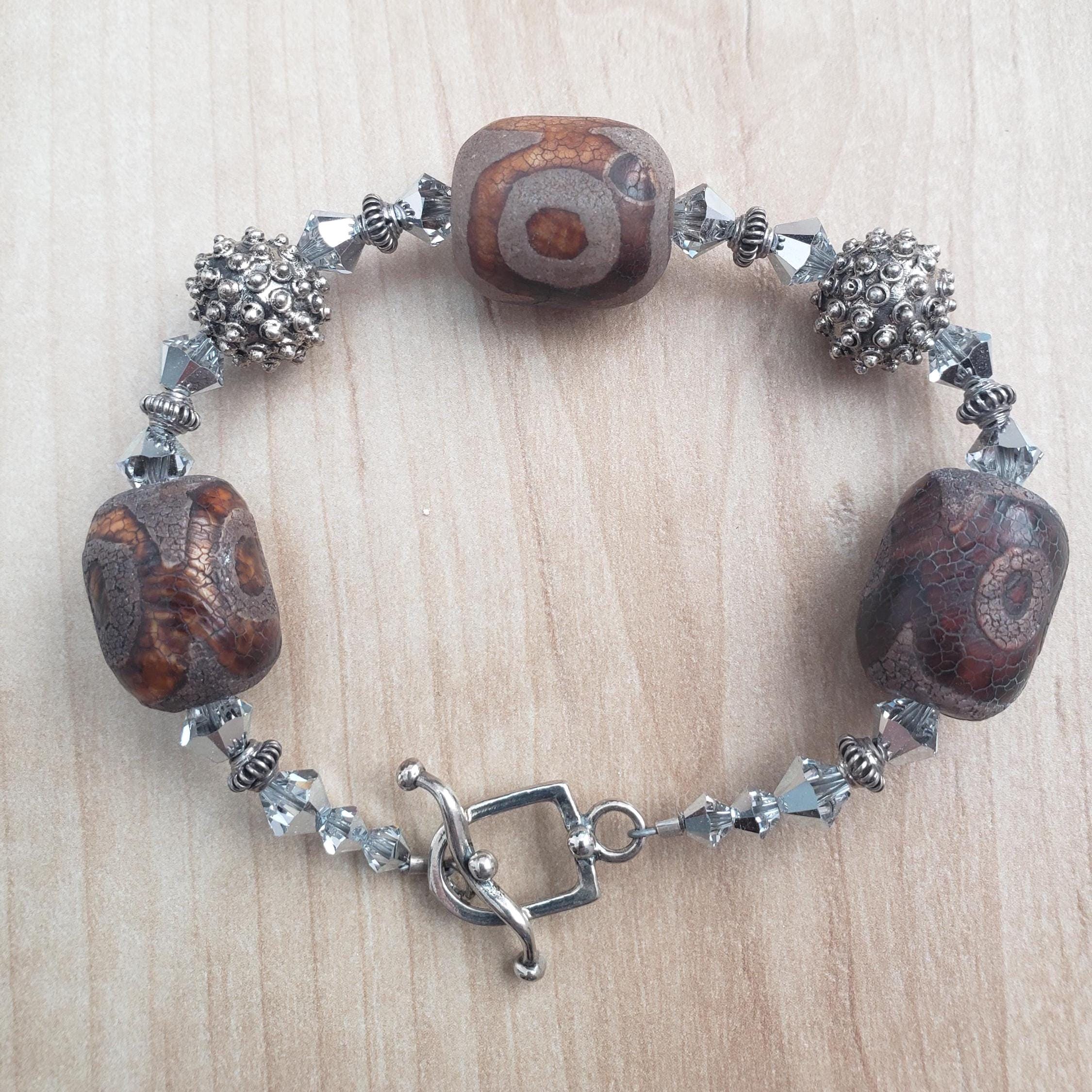 Tibetan agate and Bali silver bracelet, with Swarovski crystal and sterling toggle.