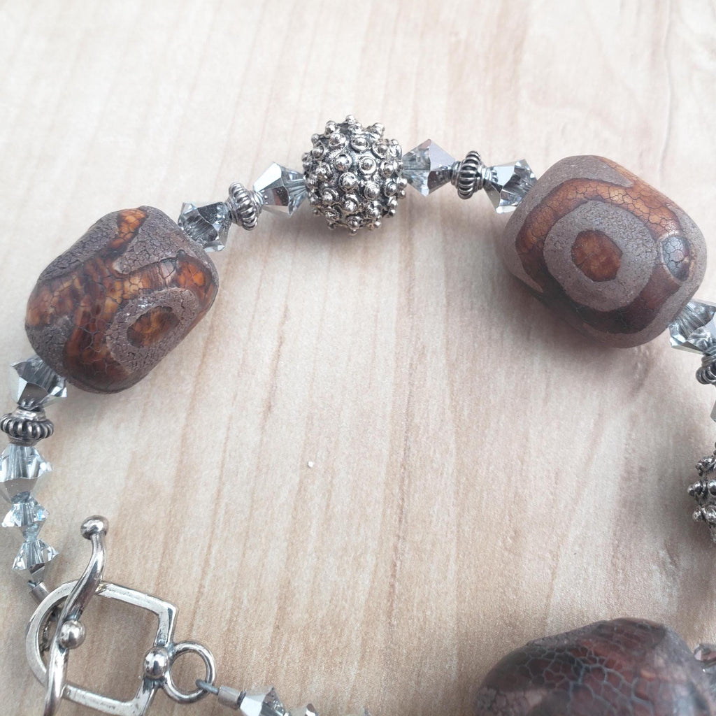 Tibetan agate and Bali silver bracelet, with Swarovski crystal and sterling toggle.