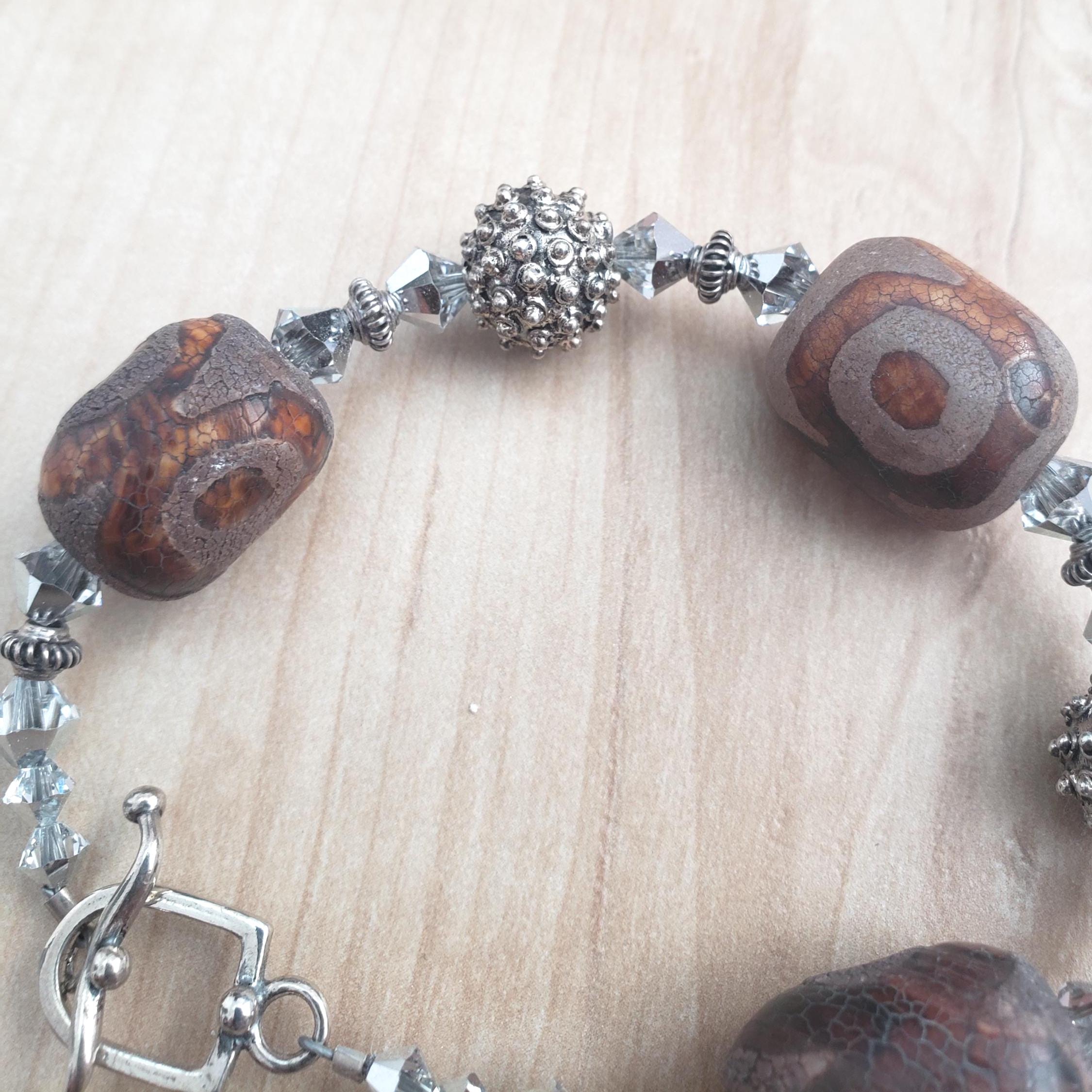 Tibetan agate and Bali silver bracelet, with Swarovski crystal and sterling toggle.