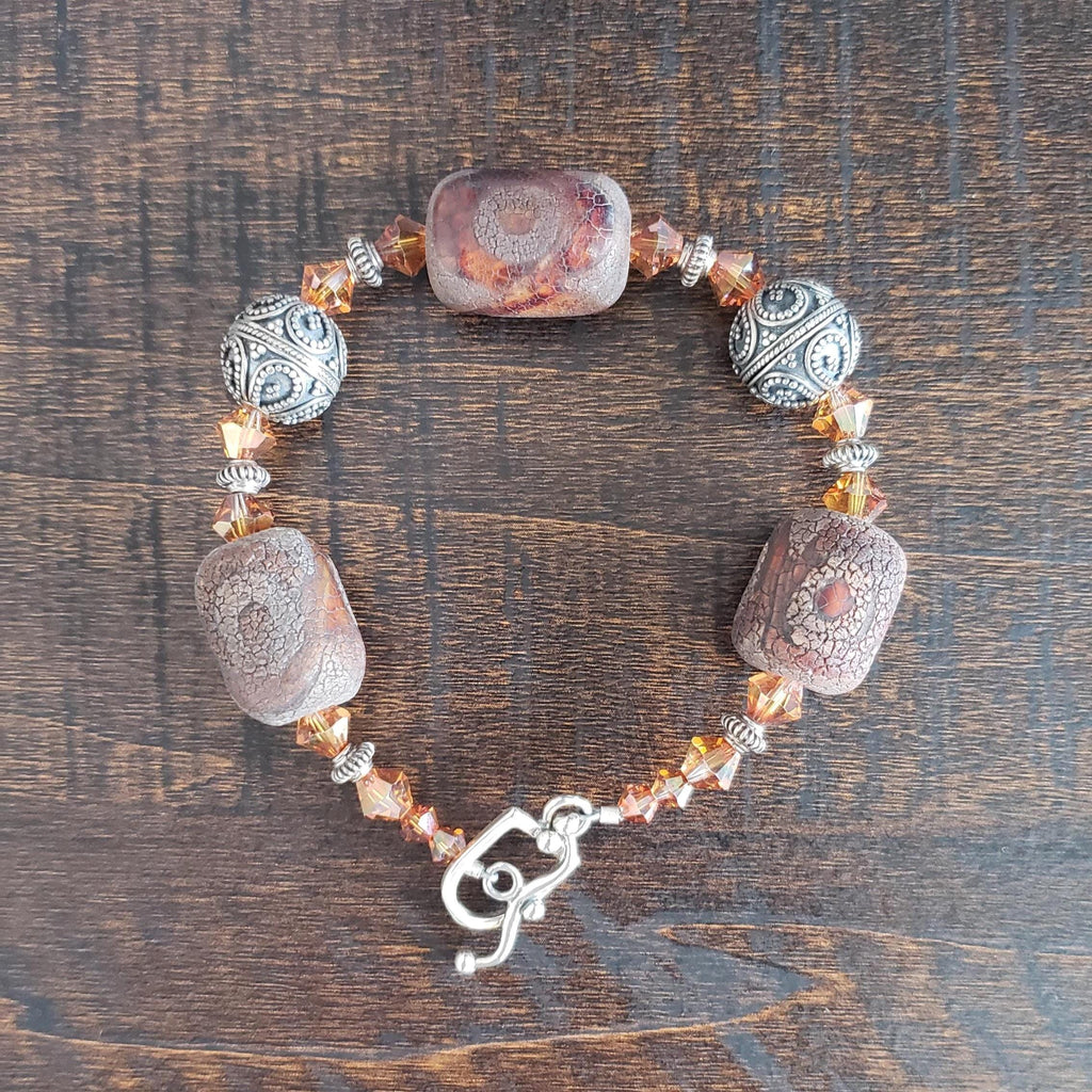 Tibetan agate and Bali silver bracelet, with Swarovski crystal and sterling toggle.