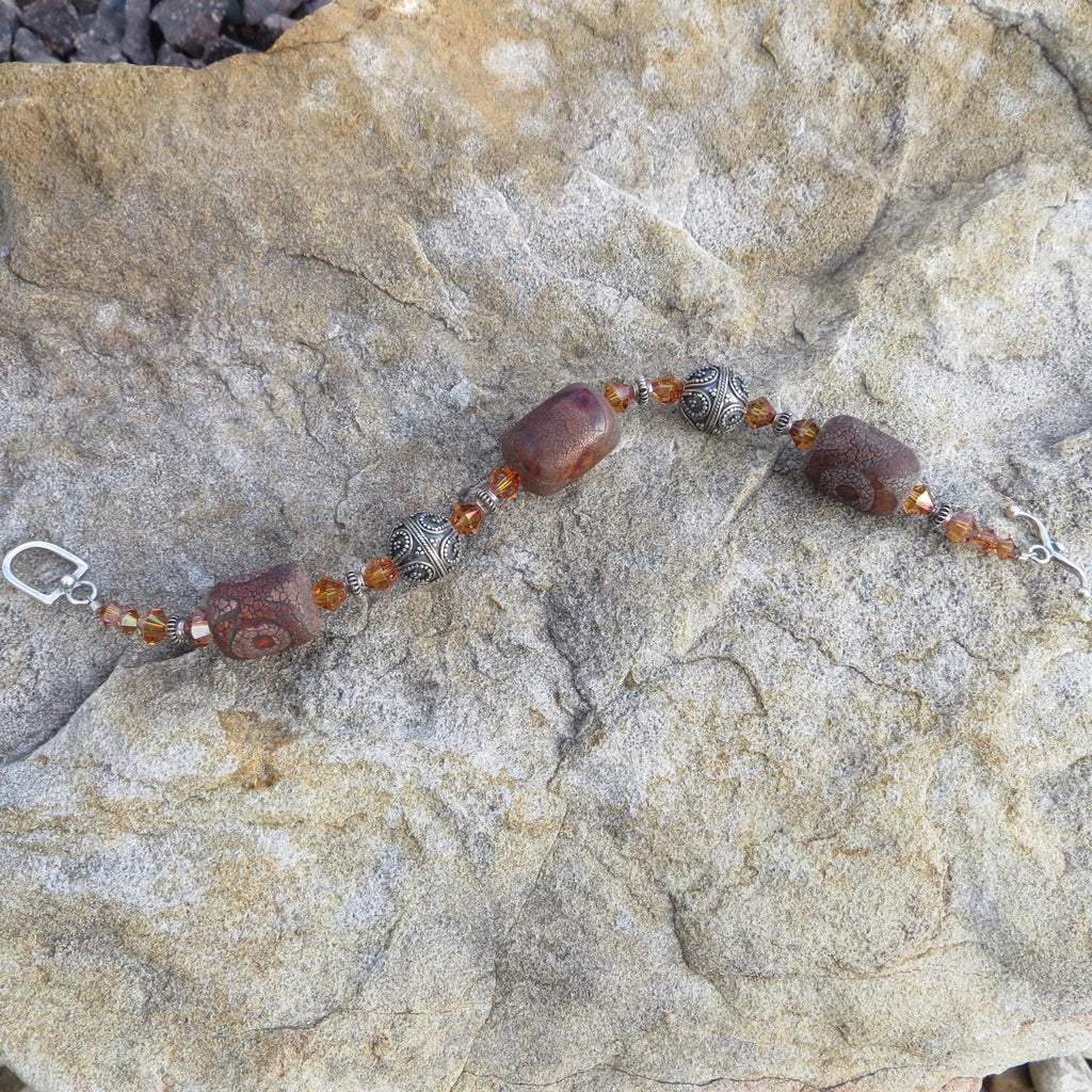 Tibetan agate and Bali silver bracelet, with Swarovski crystal and sterling toggle.