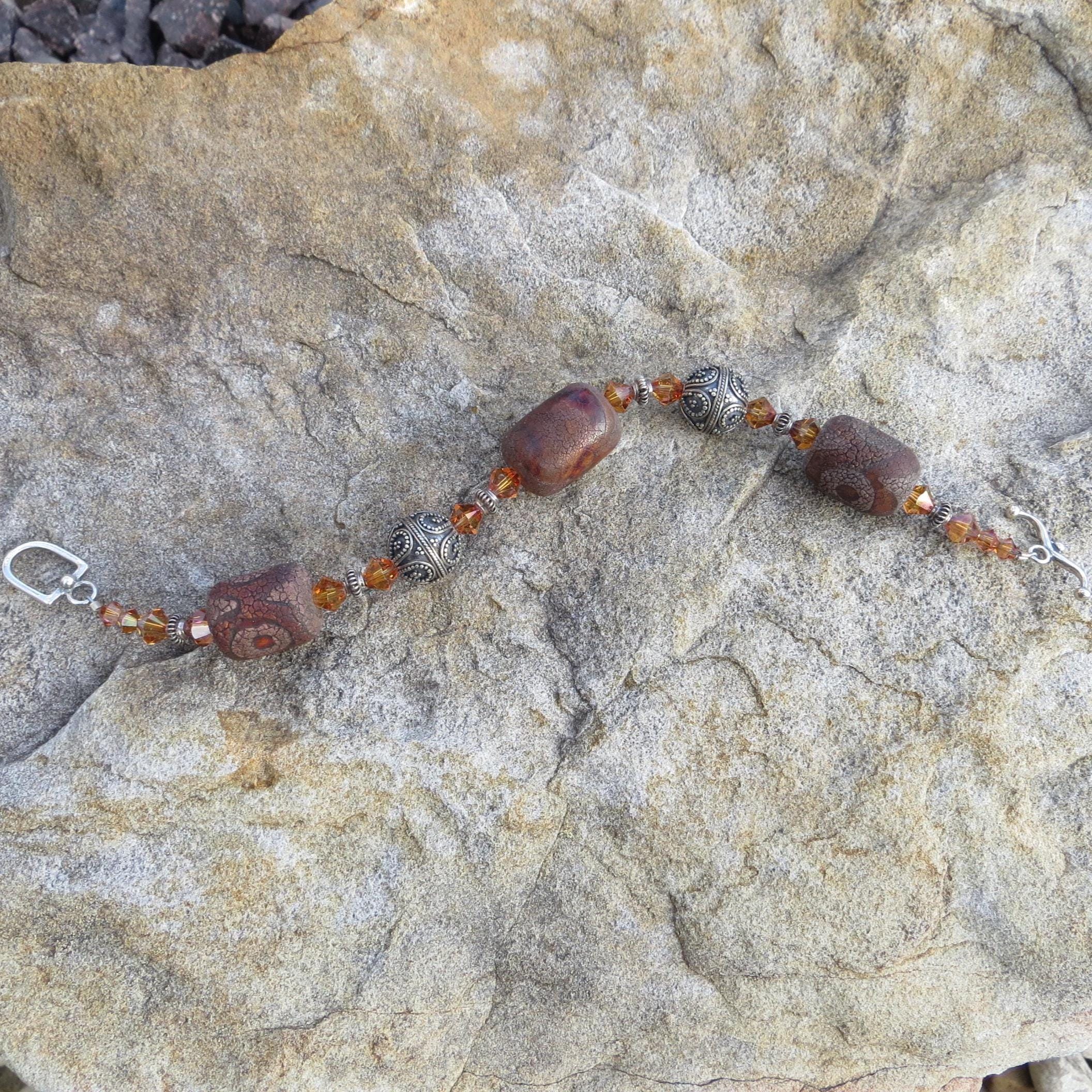 Tibetan agate and Bali silver bracelet, with Swarovski crystal and sterling toggle.