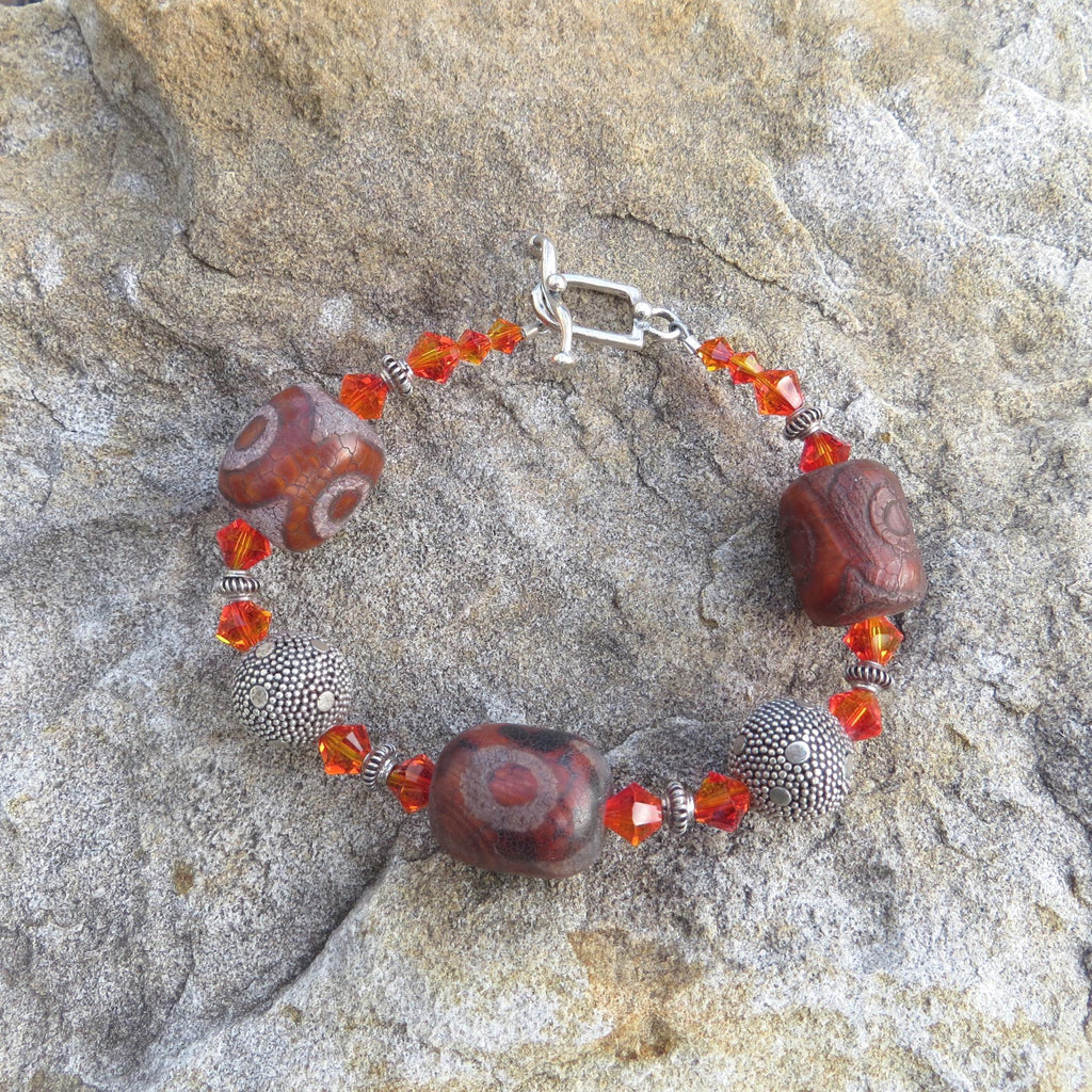 Tibetan agate and Bali silver bracelet, with Swarovski crystal and sterling toggle.
