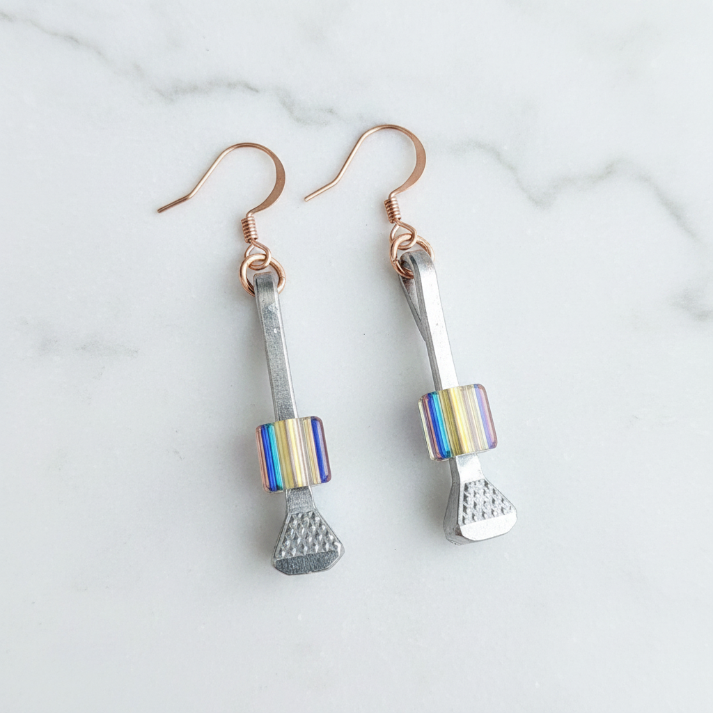 Copper Horseshoe Nail Earrings with Furnace Glass Beads by David Christensen