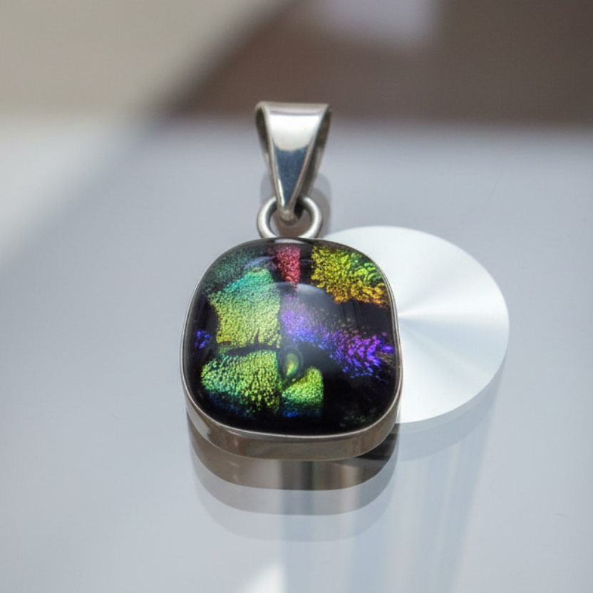 Iridescent Dichroic Fused Glass Pendant Set in Sterling Silver
