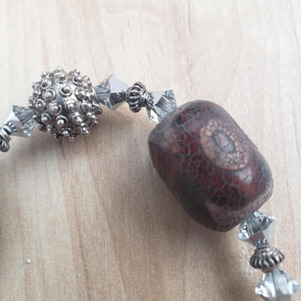 Tibetan agate and Bali silver bracelet, with Swarovski crystal and sterling toggle.