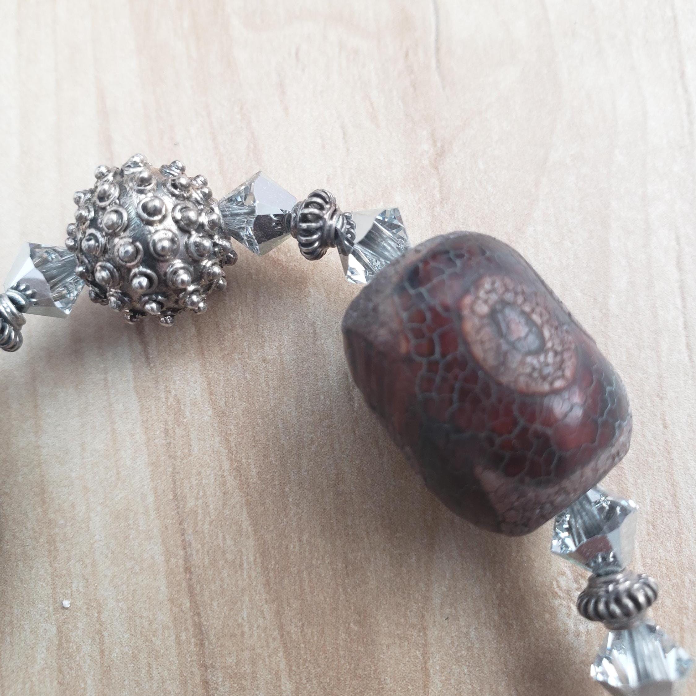 Tibetan agate and Bali silver bracelet, with Swarovski crystal and sterling toggle.