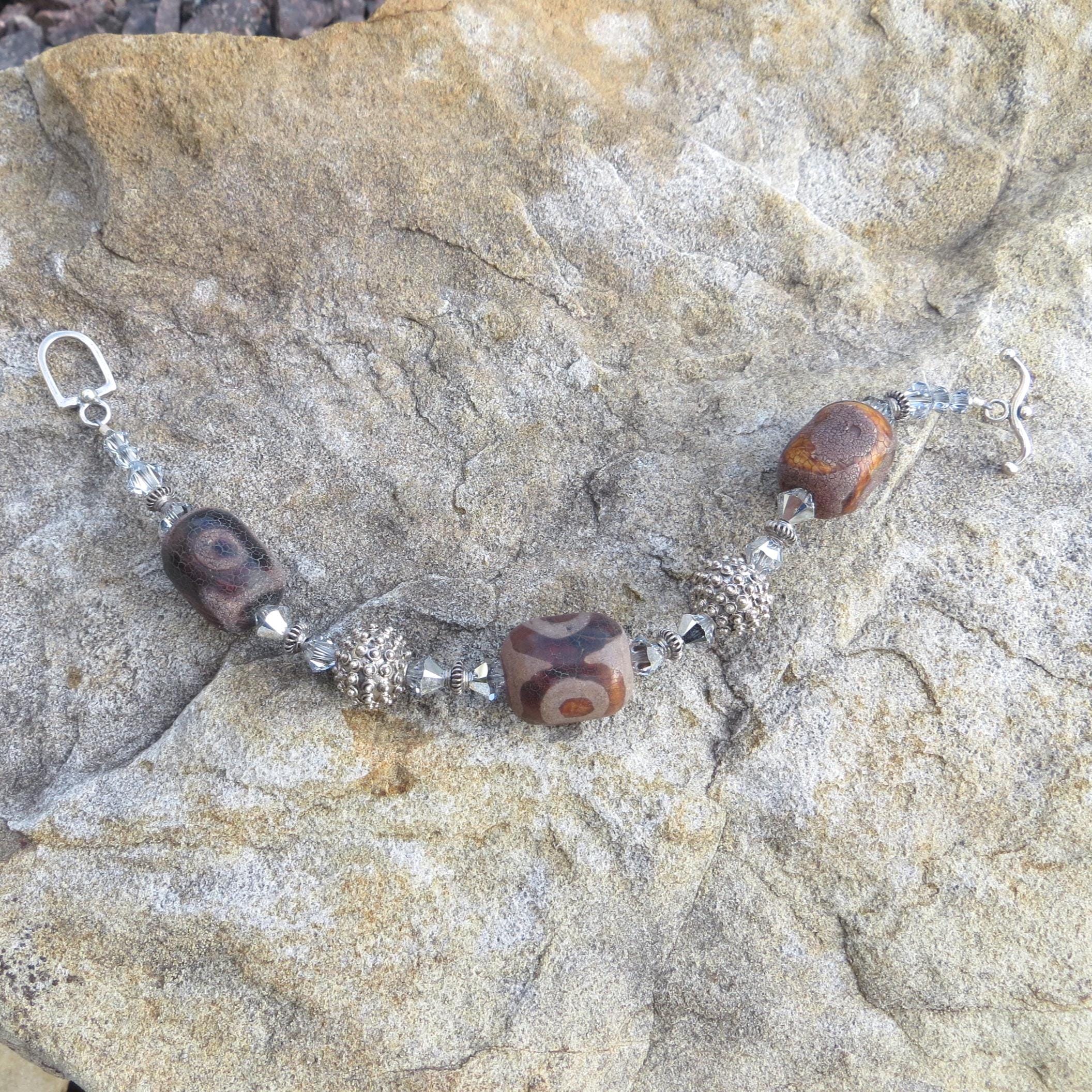 Tibetan agate and Bali silver bracelet, with Swarovski crystal and sterling toggle.