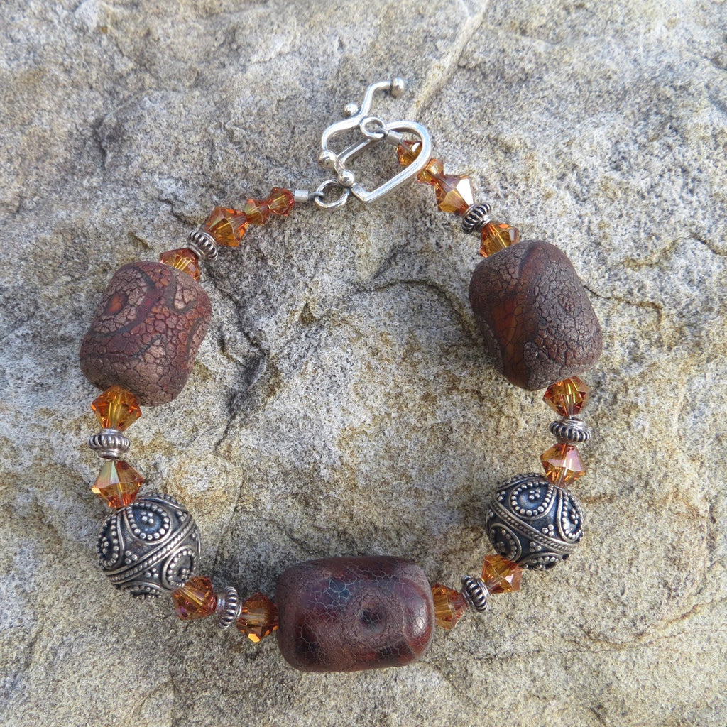 Tibetan agate and Bali silver bracelet, with Swarovski crystal and sterling toggle.