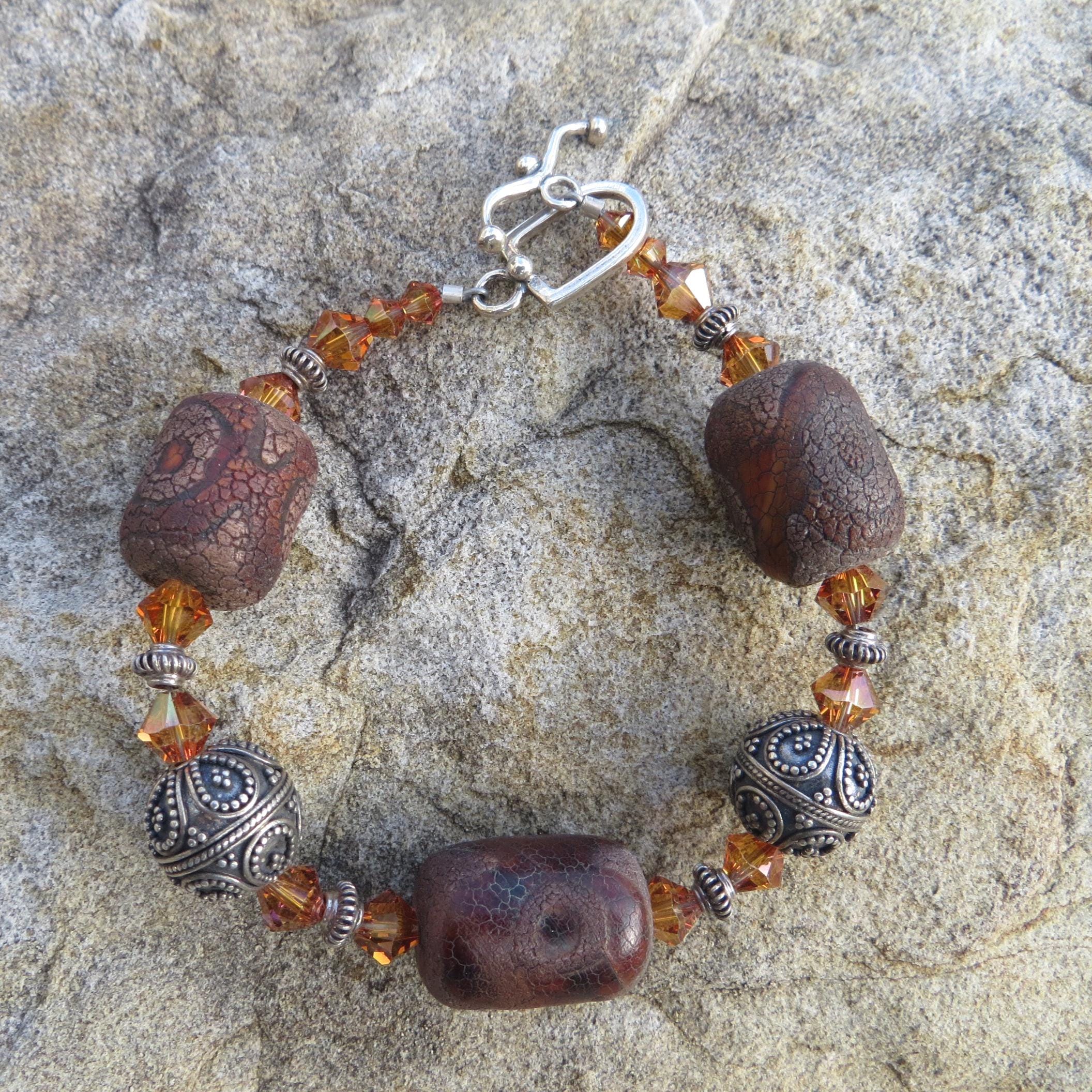 Tibetan agate and Bali silver bracelet, with Swarovski crystal and sterling toggle.