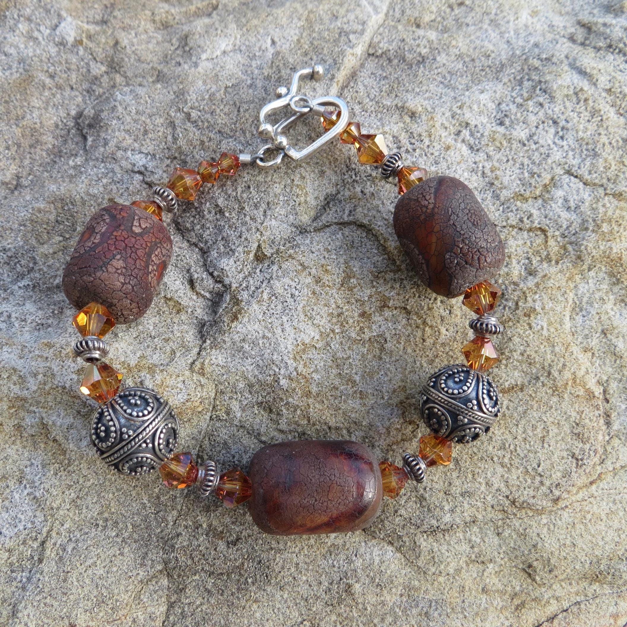 Tibetan agate and Bali silver bracelet, with Swarovski crystal and sterling toggle.