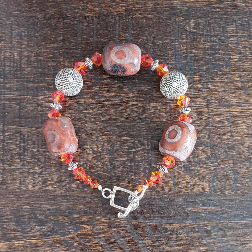 Tibetan agate and Bali silver bracelet, with Swarovski crystal and sterling toggle.