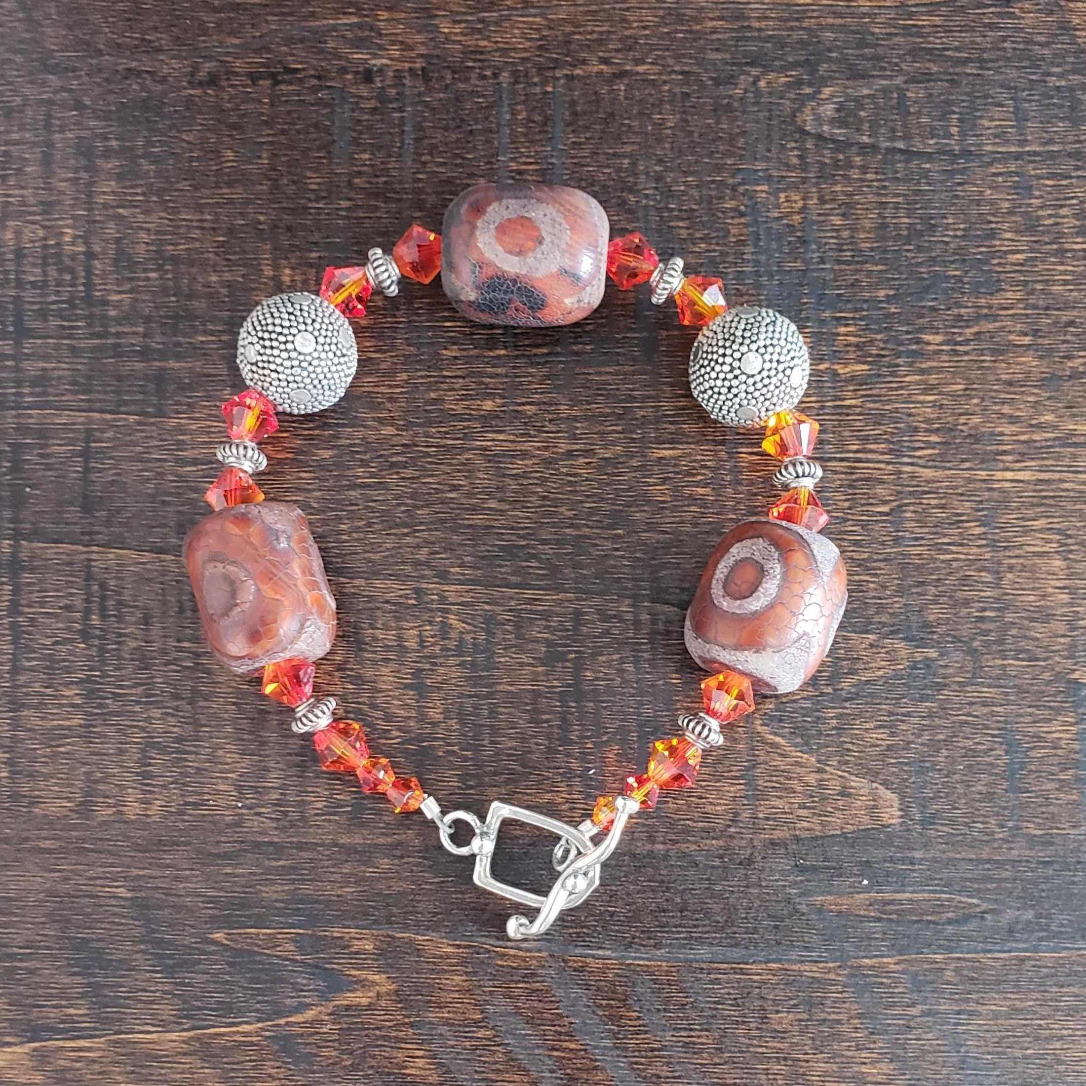 Tibetan agate and Bali silver bracelet, with Swarovski crystal and sterling toggle.
