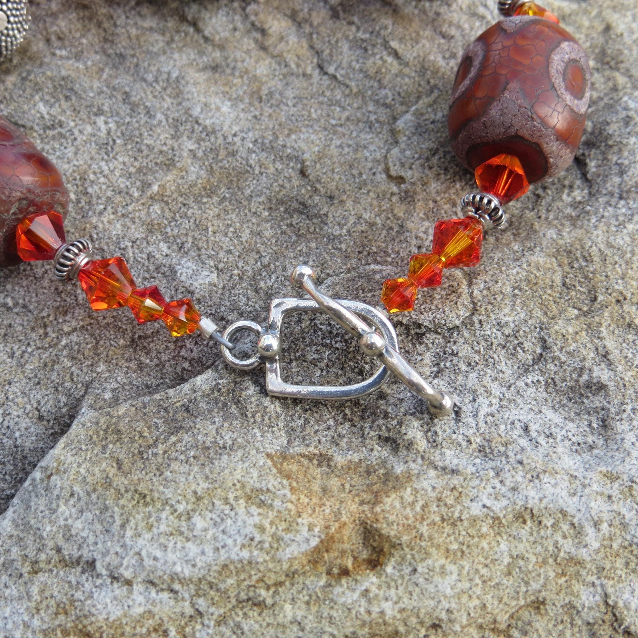 Tibetan agate and Bali silver bracelet, with Swarovski crystal and sterling toggle.