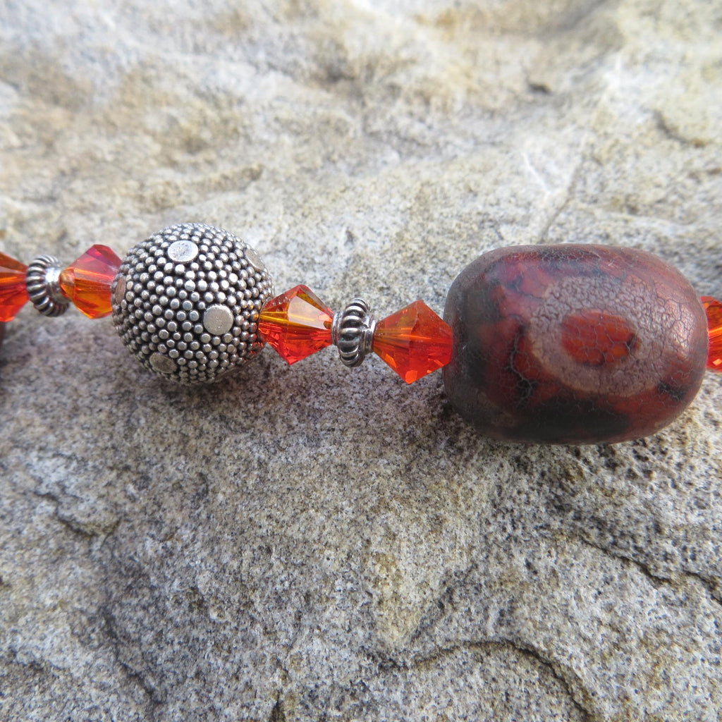 Tibetan agate and Bali silver bracelet, with Swarovski crystal and sterling toggle.
