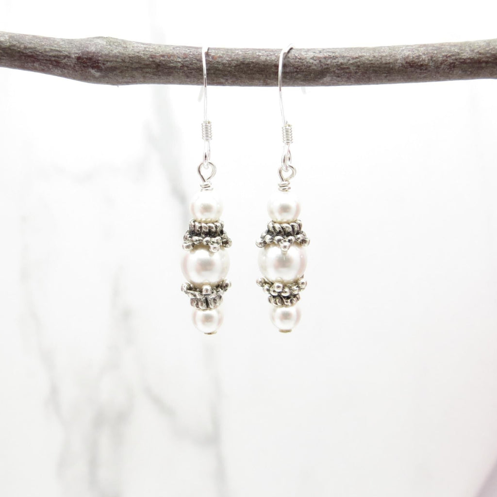 White Swarovski Pearl Dangle Earrings with Bali Pewter